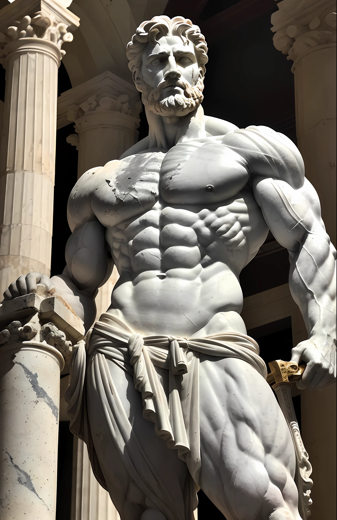 A hyper-realistic marble statue of a muscular handsome Greek god man holding a sword , very old, ancient dust, and his facial expressions betray deep sadness and overthinking. Against the background of Roman columns, petrified birds, ashes on the ground withered and rotting, the colors are muted and faded, to emphasize the seriousness of the scene.
