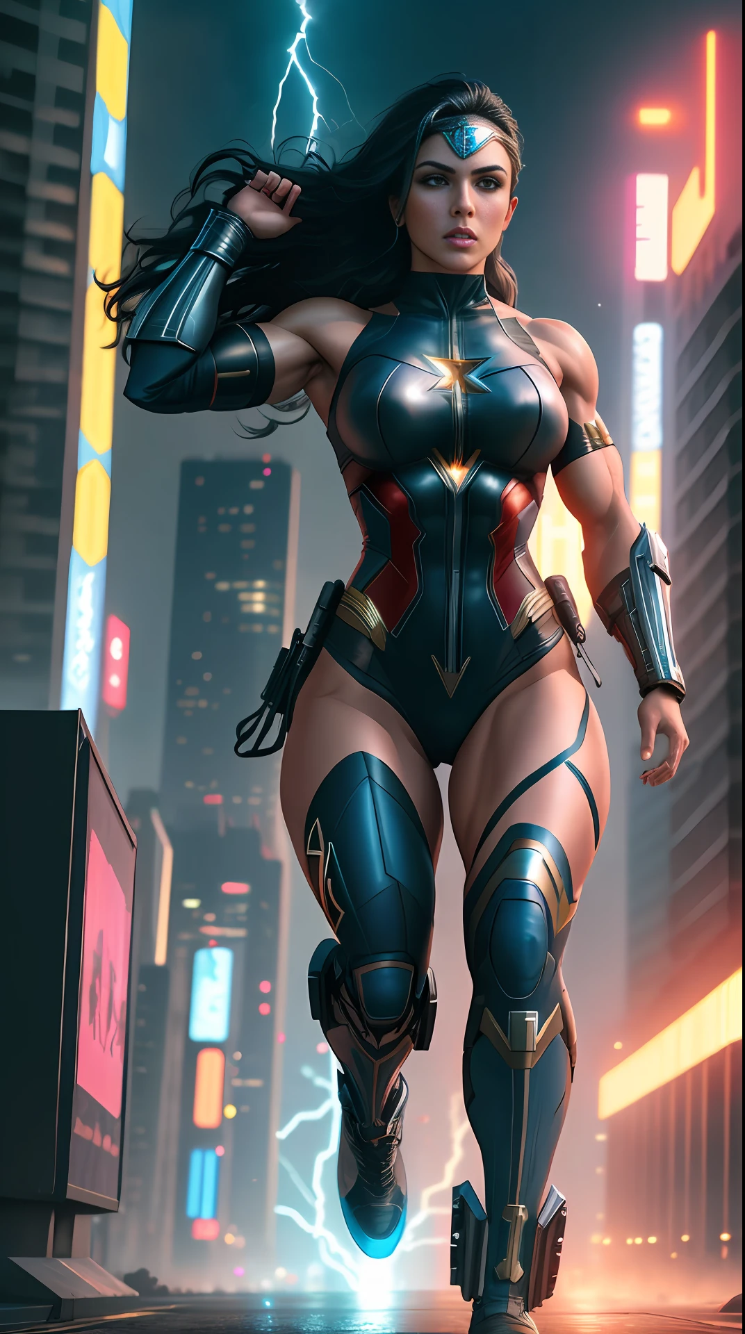 cyberpunk wonder woman, bodybuilder, running, in the background a city, lightning in the sky, ultra details, ultra realistic, cinematic , octane render, 16k
