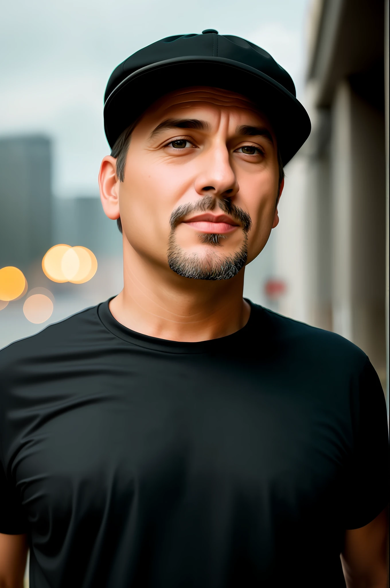 47-year-old man with little goatee and black cap wearing a black shirt, almost bald, shaven beard, character portrait by Tibor Czorba, winner of the contest behance, les nabis, behance hd, studio photography, 16k, closeup, extraterrestrial, futurism, urbancore, 3d, cinematic, documentary photography, octane render, photorealistic, street photography, sunlight, soft lighting, radioluminescence, , , 🌞 🍅 Tomboy