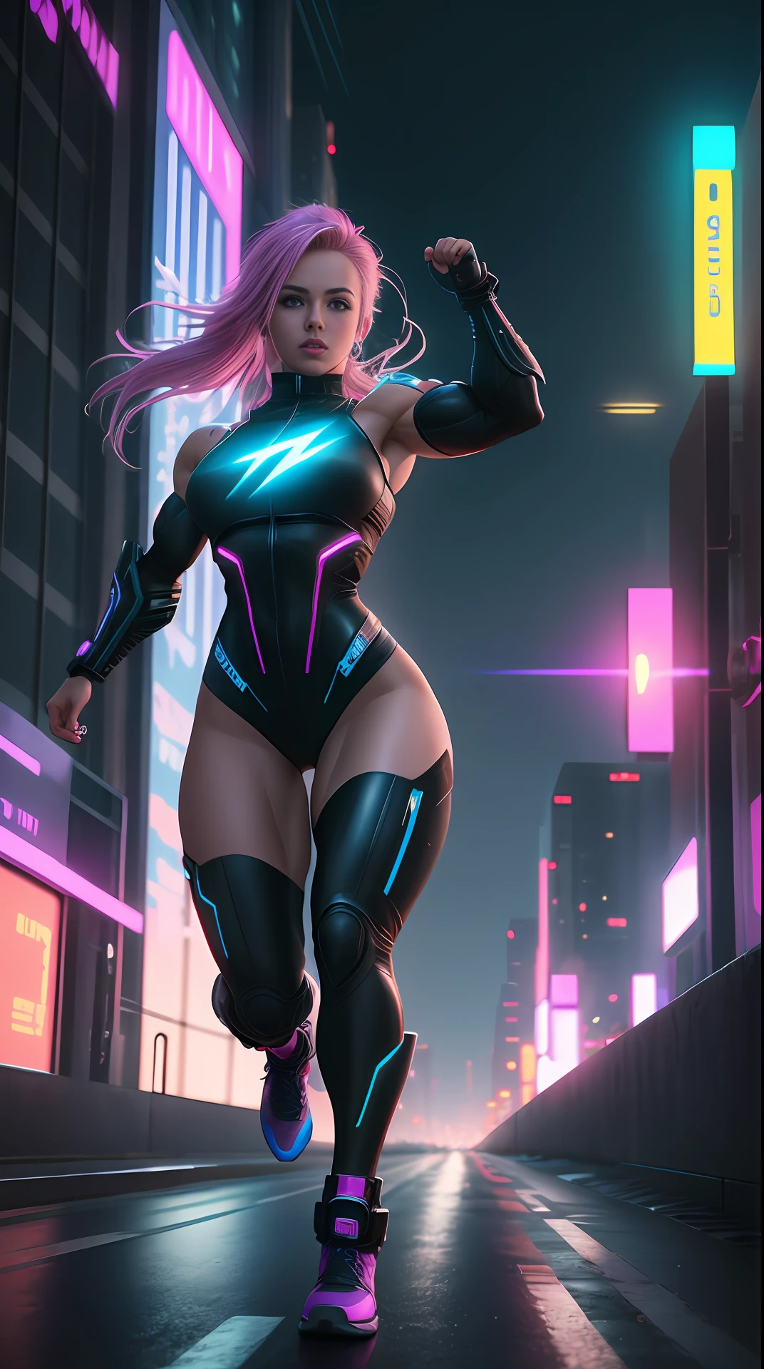cyberpunk super girl, bodybuilder, running, in the background a city, lightning in the sky, ultra details, ultra realistic, cinematic , octane render, 16k