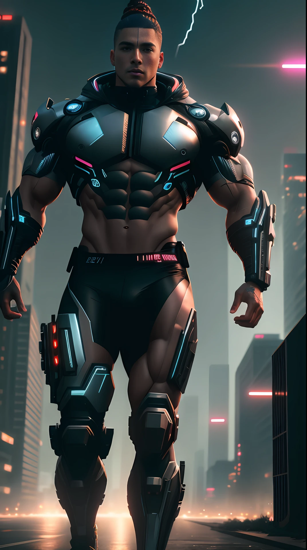 cyberpunk cyborg, bodybuilder, running, in the background a city, lightning in the sky, ultra details, ultra realistic, cinematic , octane render, 16k