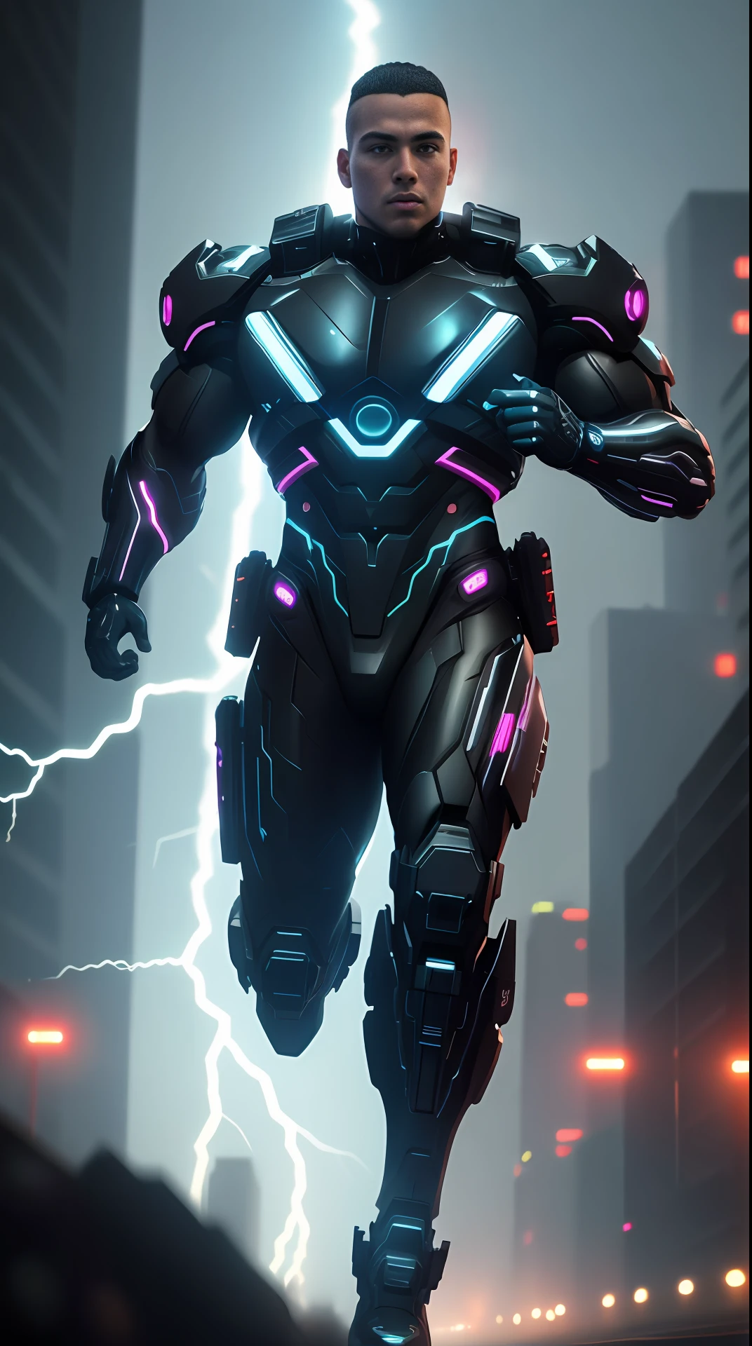 cyberpunk cyborg, bodybuilder, running, in the background a city, lightning in the sky, ultra details, ultra realistic, cinematic , octane render, 16k