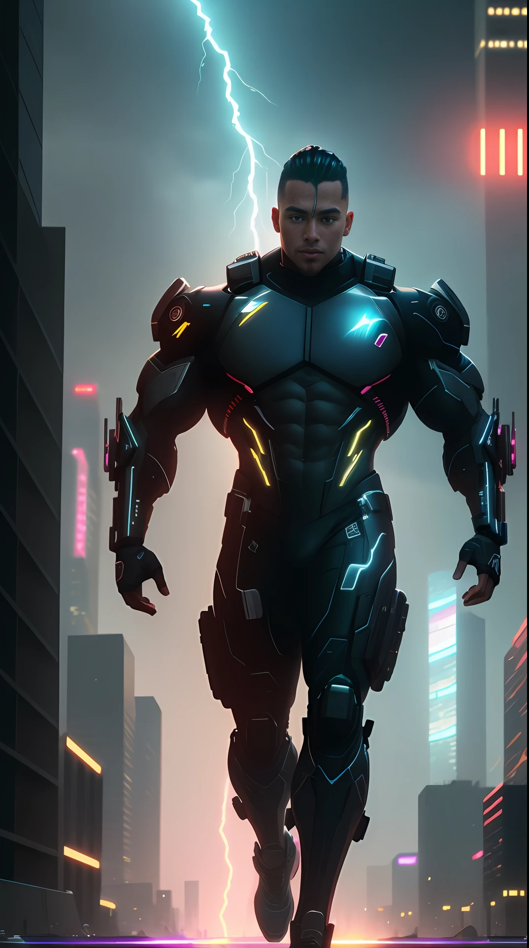 cyberpunk cyborg, bodybuilder, running, in the background a city, lightning in the sky, ultra details, ultra realistic, cinematic , octane render, 16k