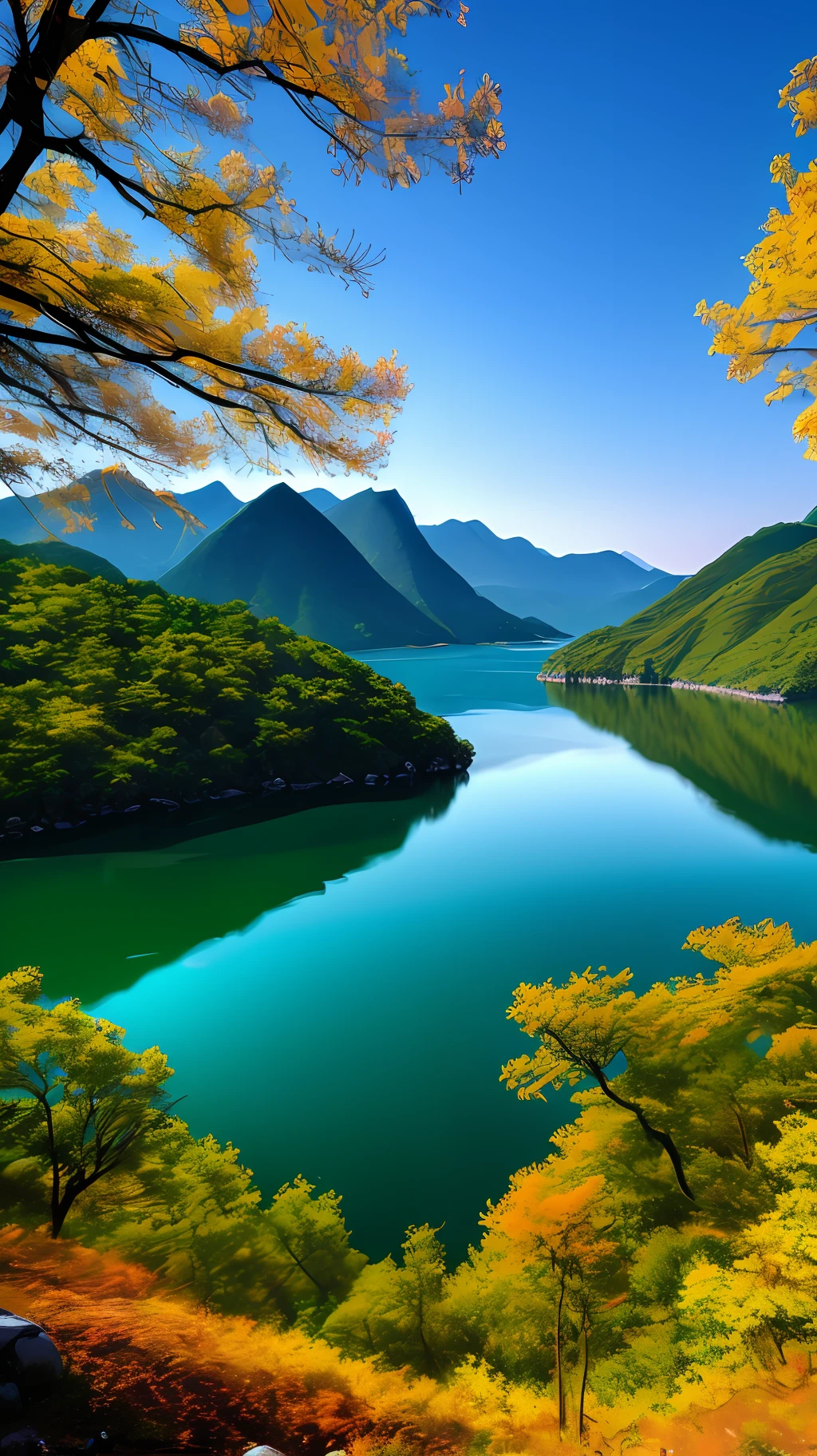 A beautiful Korean mountain and lake, (masterpiece), (portrait), (raw photo), (highly detailed CG unity 8k wallpaper) intricate, sharp focus, dramatic, realistic art