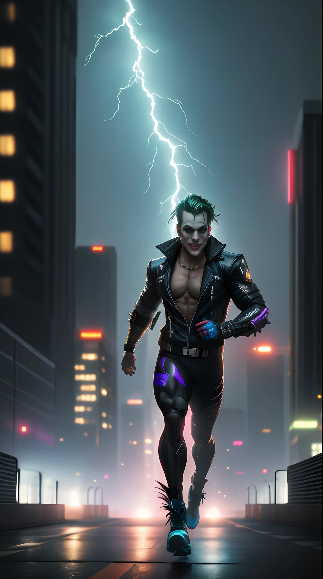 cyberpunk joker, bodybuilder, running, in the background a city, lightning in the sky, ultra details, ultra realistic, cinematic , octane render, 16k