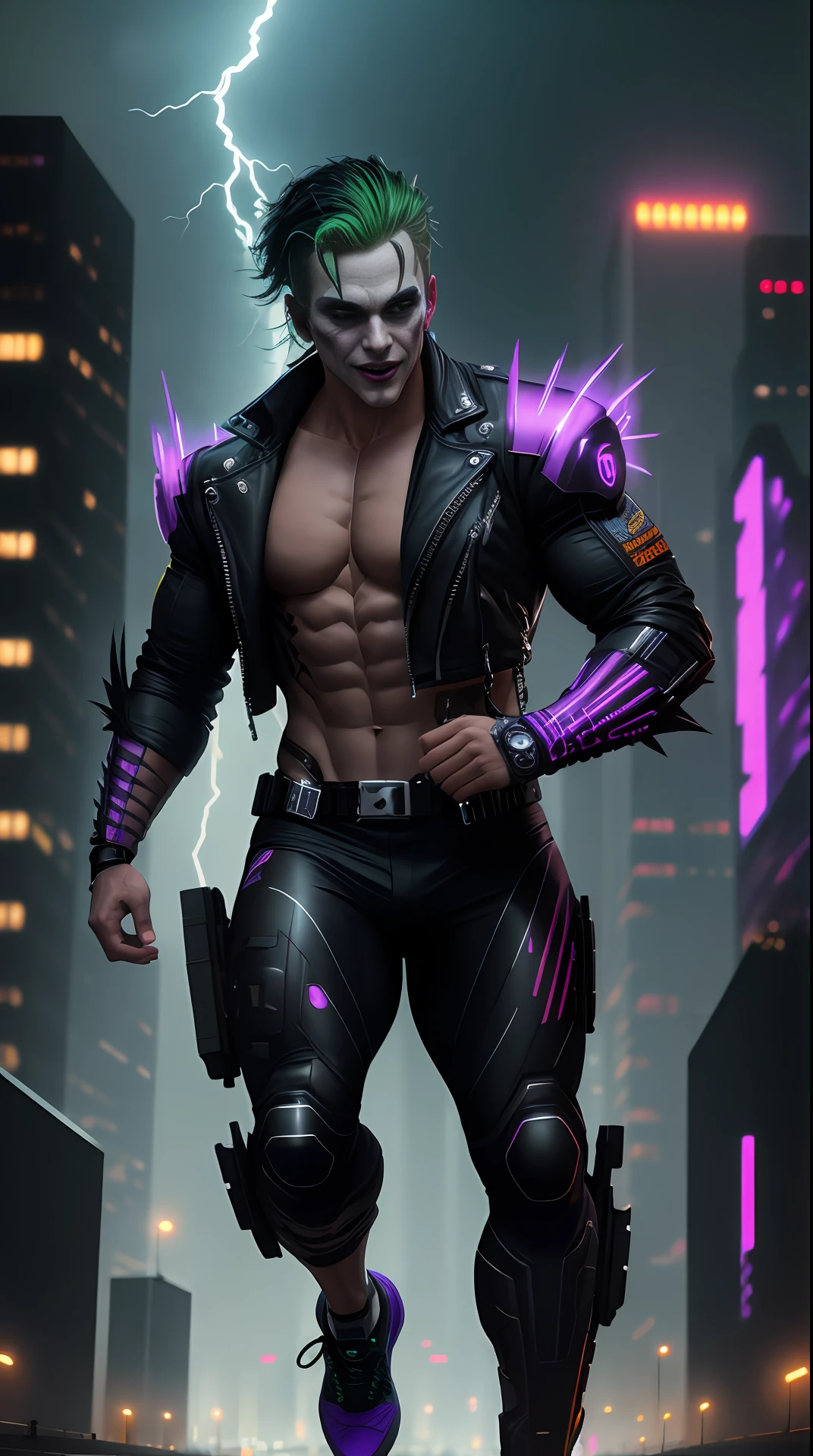 cyberpunk joker, bodybuilder, running, in the background a city, lightning in the sky, ultra details, ultra realistic, cinematic , octane render, 16k