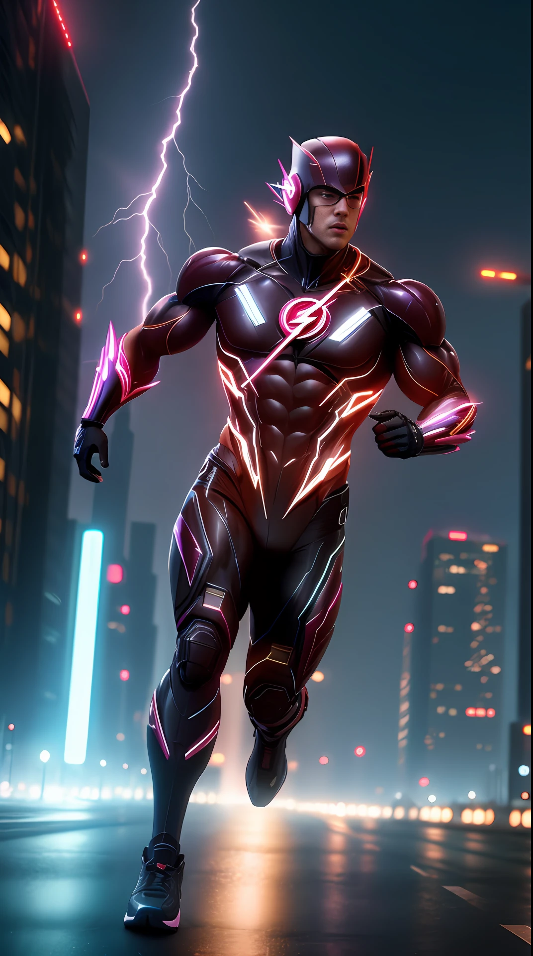 cyberpunk the flash, bodybuilder, running, in the background a city, lightning in the sky, ultra details, ultra realistic, cinematic , octane render, 16k