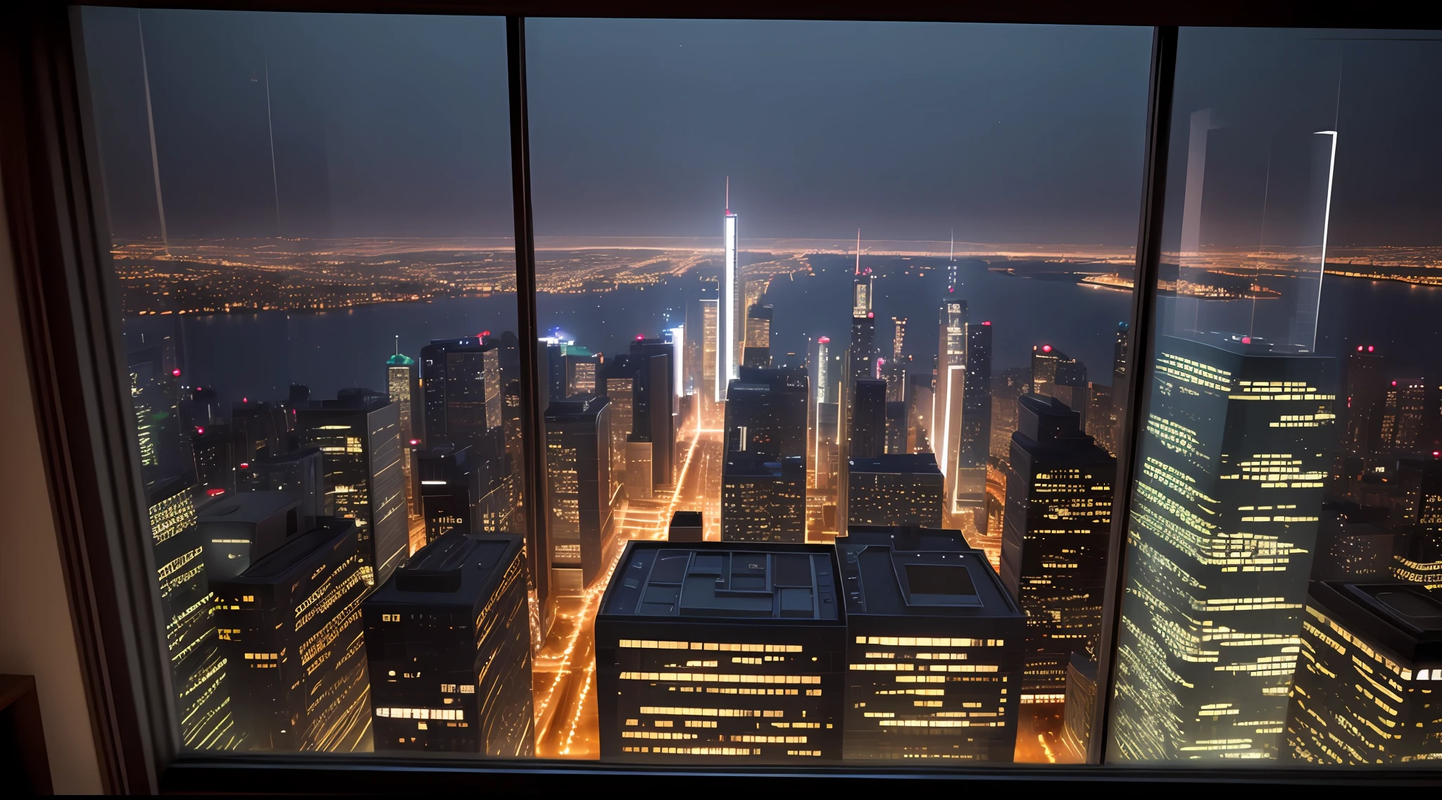 Room with a view of the city buildings at night large glass windows