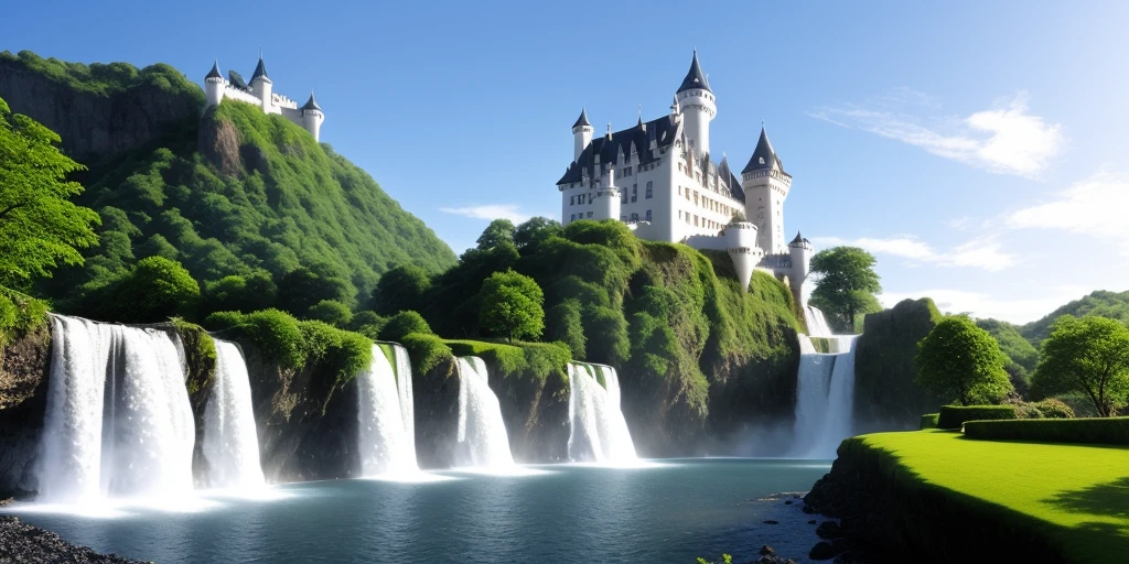 The castle between the waterfall and the castle is white and emits light