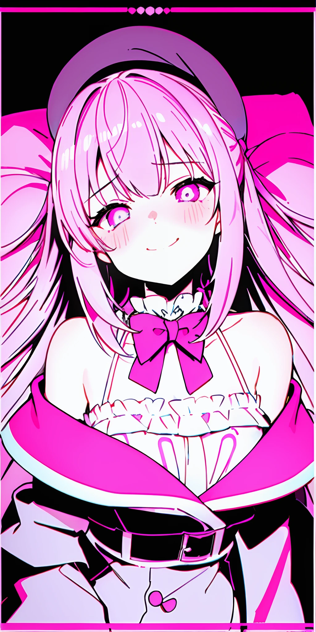 1 synth wave style girl, extremely detailed CG ,(masterpiece), (flat color:1.5), (best quality), (limited palette) , pink fluorescent paint, , noline art, silhouette, partially colored, (alternate color):1.4, dynamic angle, (pink, dark violet):1.3, dark violet shadow, (synth wave), (chromatic aberration) , (((thick) outline)), pink outline, (solo focus), pink neon lights, perfect shadow, cowboy shot, blank stare, beret, bowknot on beret, flat chest, wearing an off- shoulder floating jacket, wavy delicate hair, blank stare, delicate face, bare shoulder, lying on bed, beautiful and delicate eyes, (1 girl):1.5, solo, from above, delicate background, streets with neon lights, smug_smile