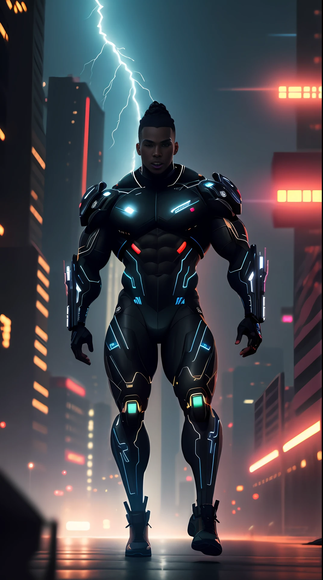 cyberpunk cyborg black skin, bodybuilder, running, in the background a city, lightning in the sky, ultra details, ultra realistic, cinematic , octane render, 16k