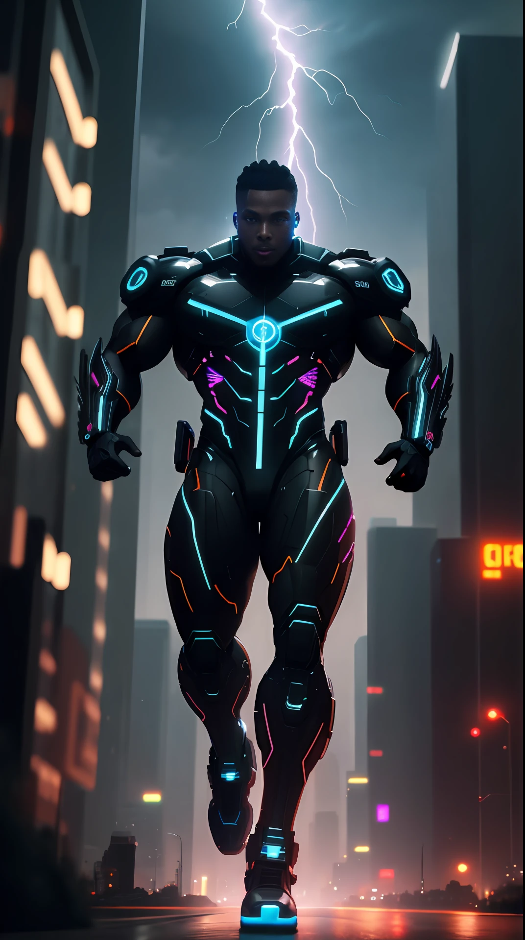 cyberpunk cyborg black skin, bodybuilder, running, in the background a city, lightning in the sky, ultra details, ultra realistic, cinematic , octane render, 16k