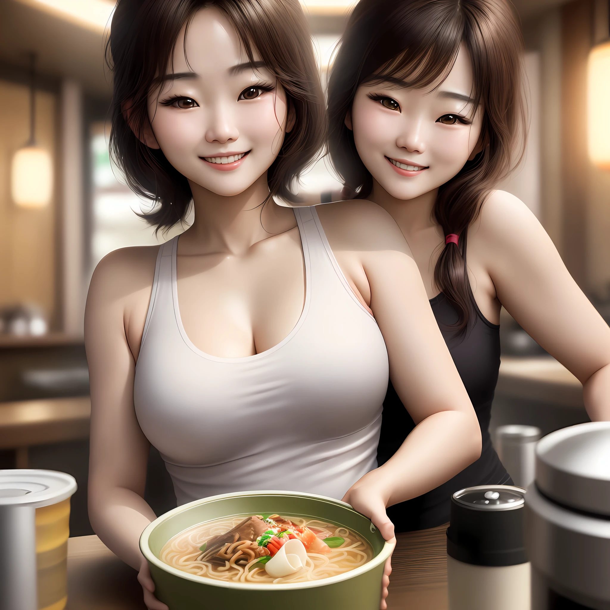 Realistic photo of (1cute Korean actress), tank top, in ramen shop, smiling, Canon EOS, clear facial features, close up portrait, cinematic mode, 8K