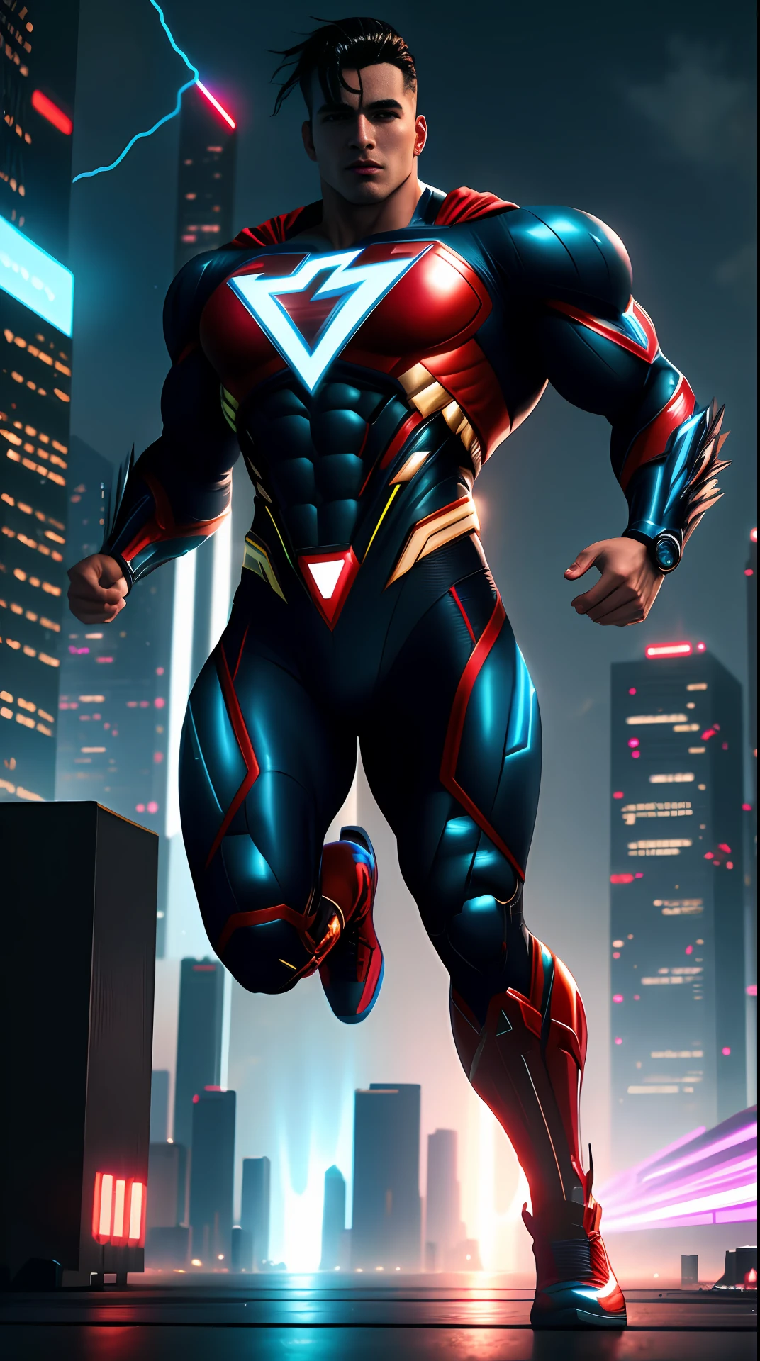 cyberpunk superman, bodybuilder, running, in the background a city, lightning in the sky, ultra details, ultra realistic, cinematic , octane render, 16k