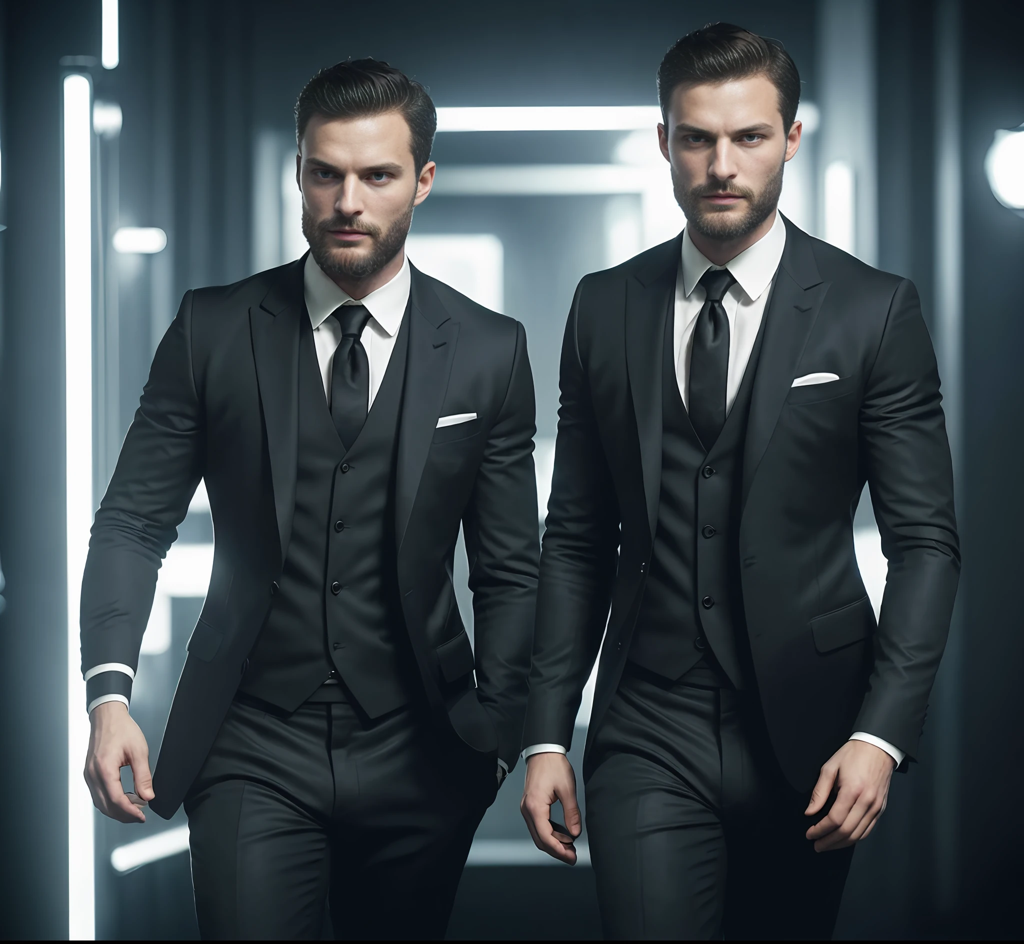 (Man wearing black suit without tie), ), (wearing beard,) attractive and serious look, short dark hair, stylish and elegant, shaved and strong body fitted in the suit, show body, man similar to actor jamie dornan, (high quality and realistic image), in the background of the dark black image and lights, cinematic style, ((Best quality, 8k, Masterpiece).