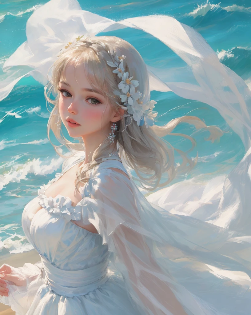 artistic portrait of a beautiful woman, masterpiece,beach scene,white dress,close up