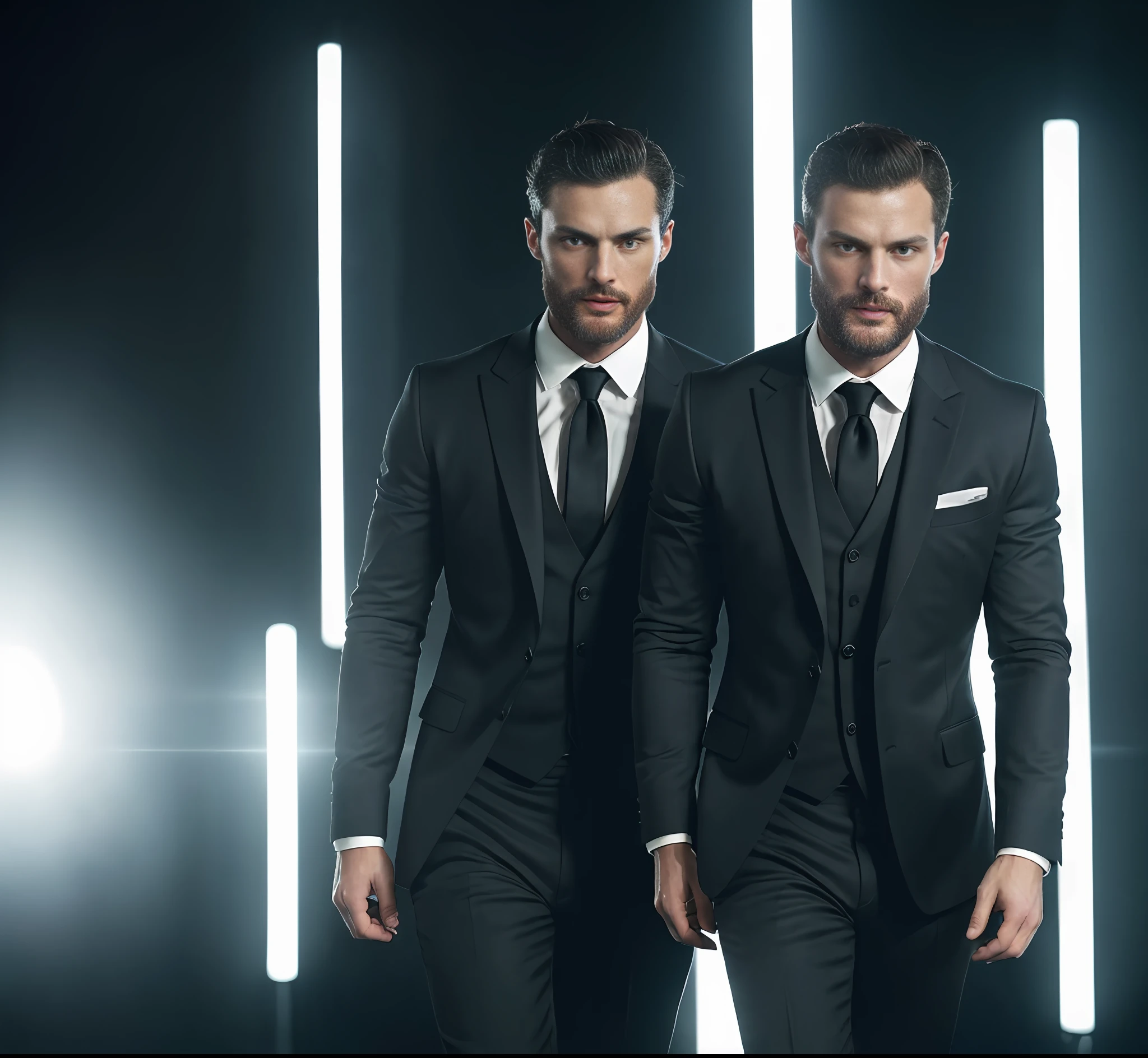 (Man wearing black suit without tie), ), (wearing beard,) attractive and serious look, short dark hair, stylish and elegant, shaved and strong body fitted in the suit, show body, man similar to actor jamie dornan, (high quality and realistic image), in the background of the dark black image and lights, cinematic style, ((Best quality, 8k, Masterpiece).
