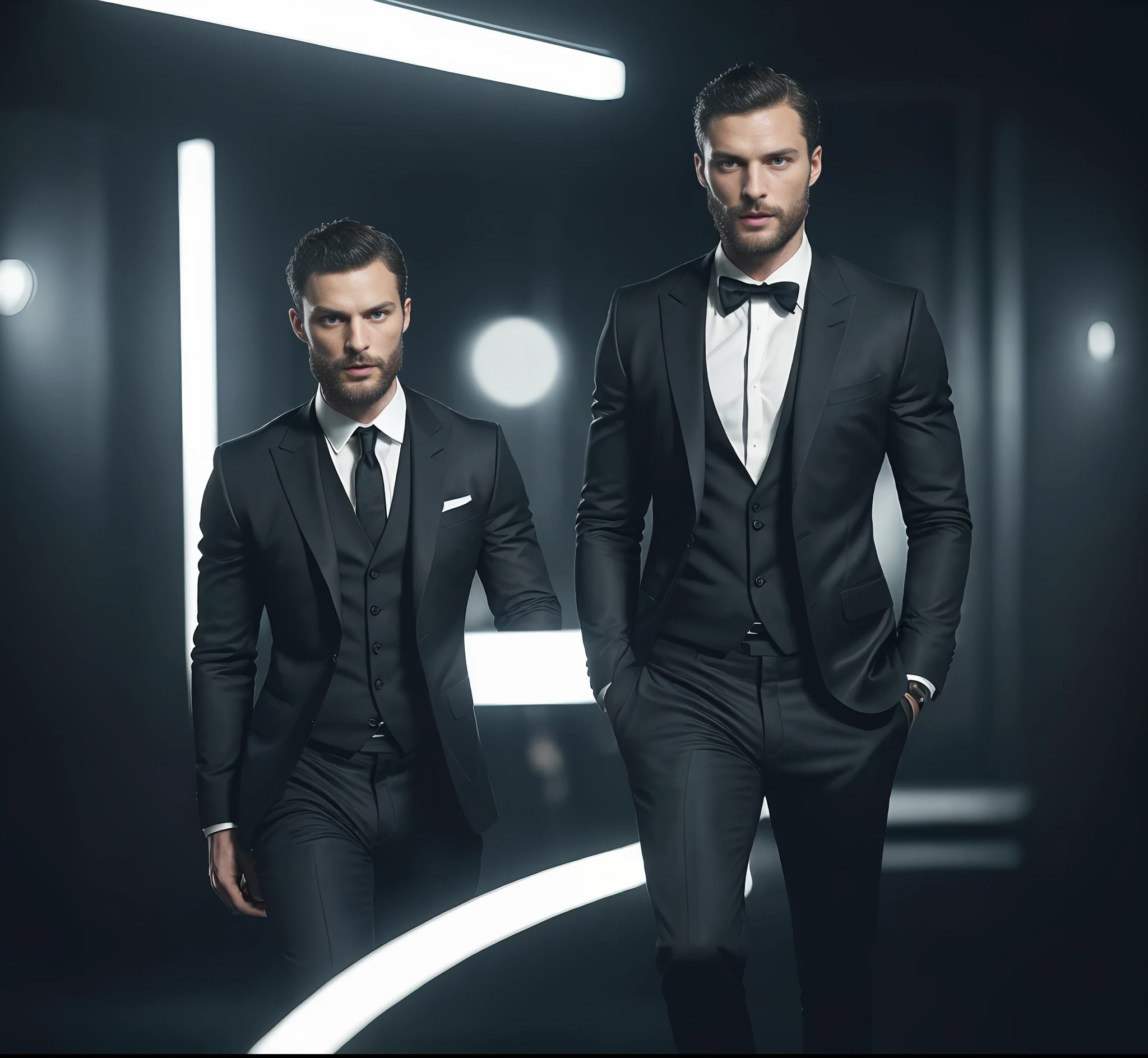 (Man wearing black suit without tie), ), (wearing beard,) attractive and serious look, short dark hair, stylish and elegant, shaved and strong body fitted in the suit, show body, man similar to actor jamie dornan, (high quality and realistic image), in the background of the dark black image and lights, cinematic style, ((Best quality, 8k, Masterpiece).