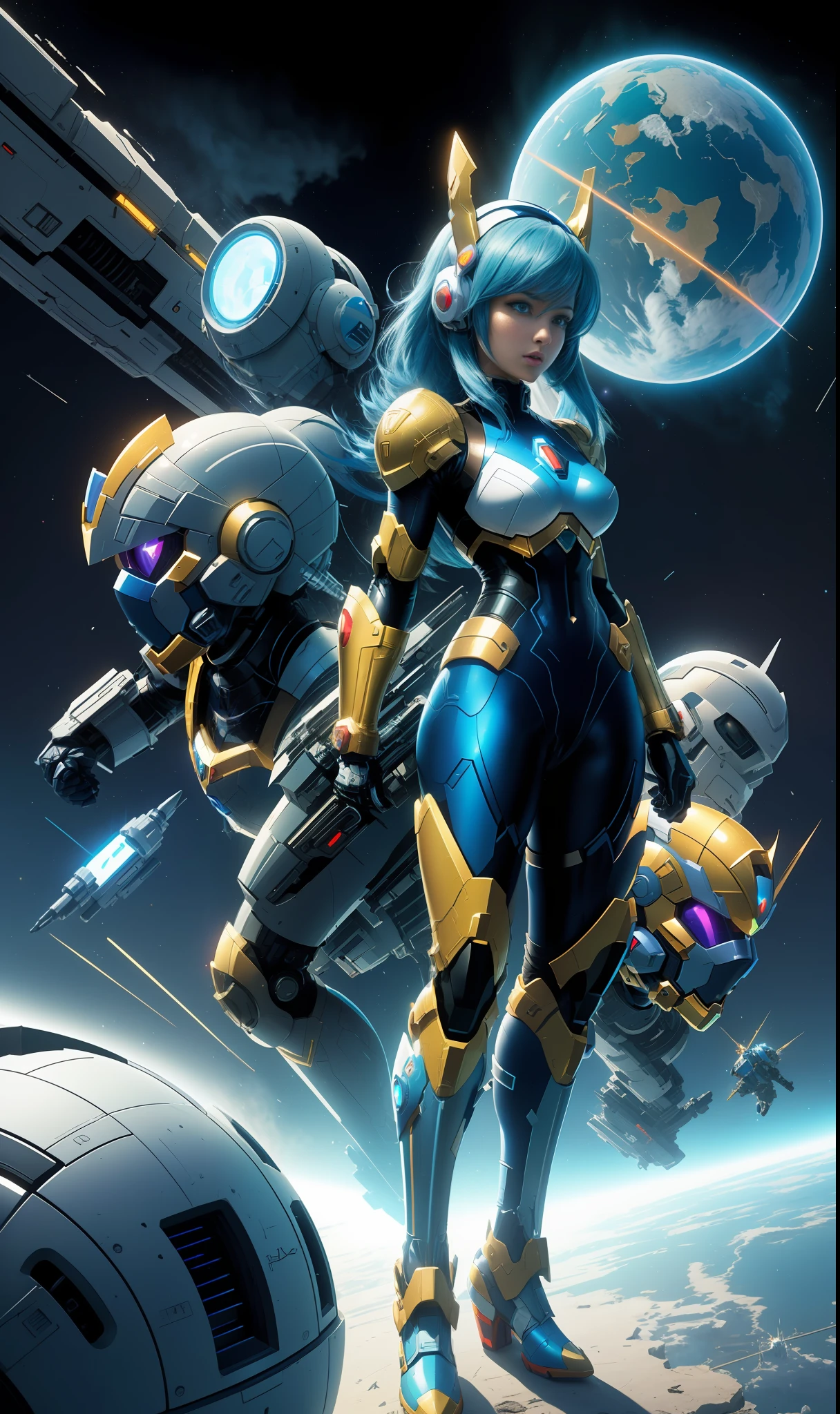 Create a 16k resolution image, Unreal Engine 5, Disney style, Super Metroid style, Mega Man-X style, with very detailed eyes, well detailed face, well detailed, Full body image of woman doing hybrid cosplay of Mega Man-X/Samus Aran/Seiya of Pegasus with Sagittarius armor, short blue hair, wearing helmet, extremely detailed eyes, futuristic weapons, background: Futuristic city being destroyed, looking at the viewer with facial expression of total hatred