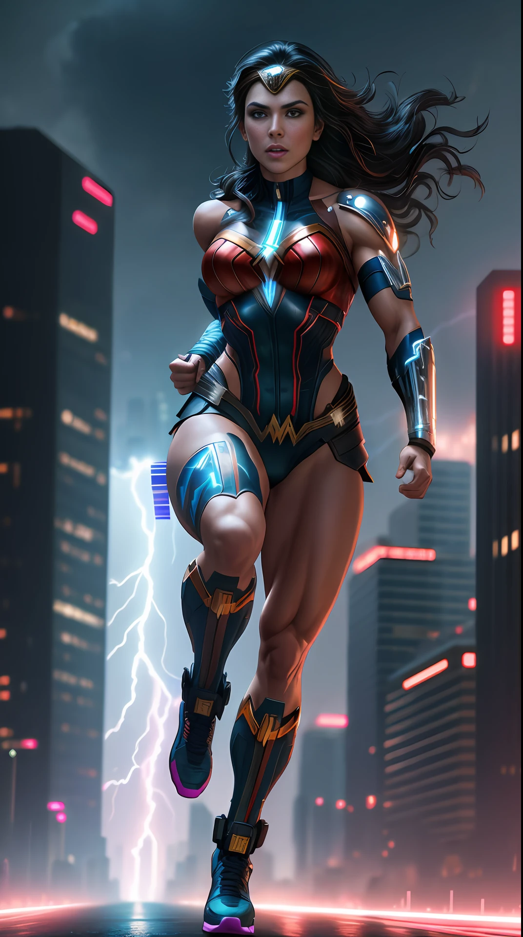 cyberpunk wonder woman, bodybuilder, running, in the background a city, lightning in the sky, ultra details, ultra realistic, cinematic , octane render, 16k