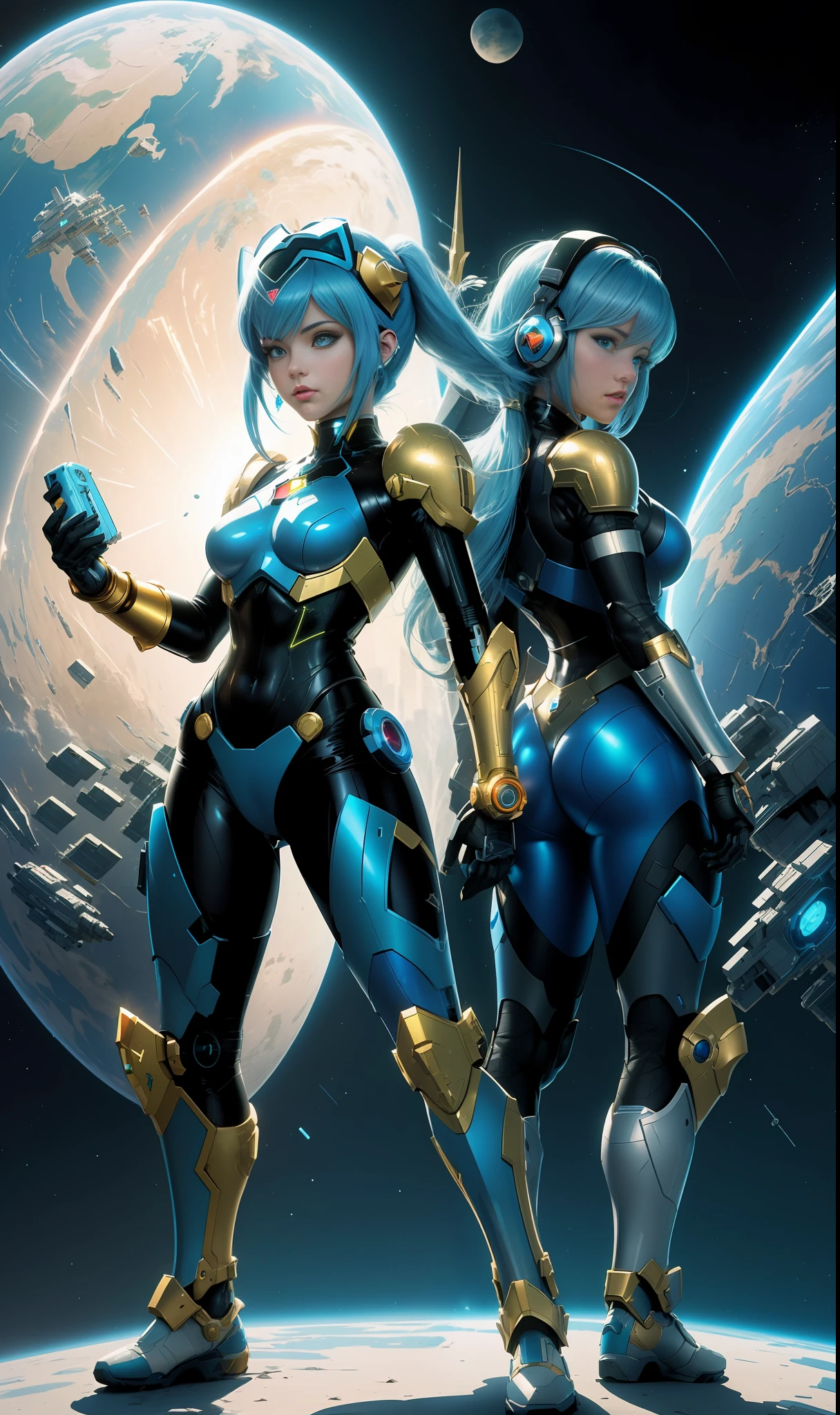 Create a 16k resolution image, Unreal Engine 5, Disney style, Super Metroid style, Mega Man-X style, with very detailed eyes, well detailed face, well detailed, Full body image of woman doing hybrid cosplay of Mega Man-X/Samus Aran/Seiya of Pegasus with Sagittarius armor, short blue hair, wearing helmet, extremely detailed eyes, futuristic weapons, background: Futuristic city being destroyed, looking at the viewer with facial expression of total hatred