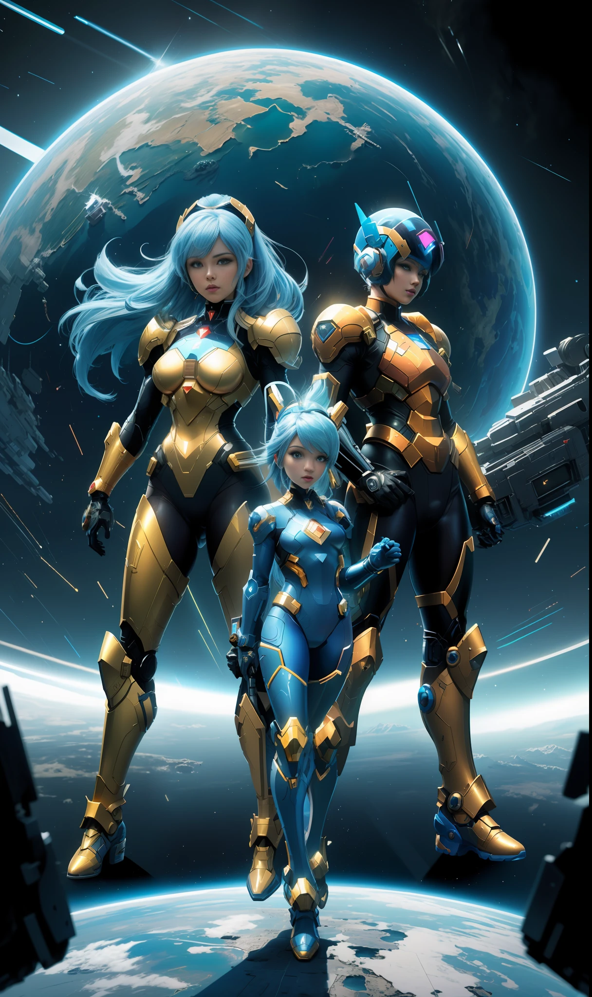 Create a 16k resolution image, Unreal Engine 5, Disney style, Super Metroid style, Mega Man-X style, with very detailed eyes, well detailed face, well detailed, Full body image of woman doing hybrid cosplay of Mega Man-X/Samus Aran/Seiya of Pegasus with Sagittarius armor, short blue hair, wearing helmet, extremely detailed eyes, futuristic weapons, background: Futuristic city being destroyed, looking at the viewer with facial expression of total hatred