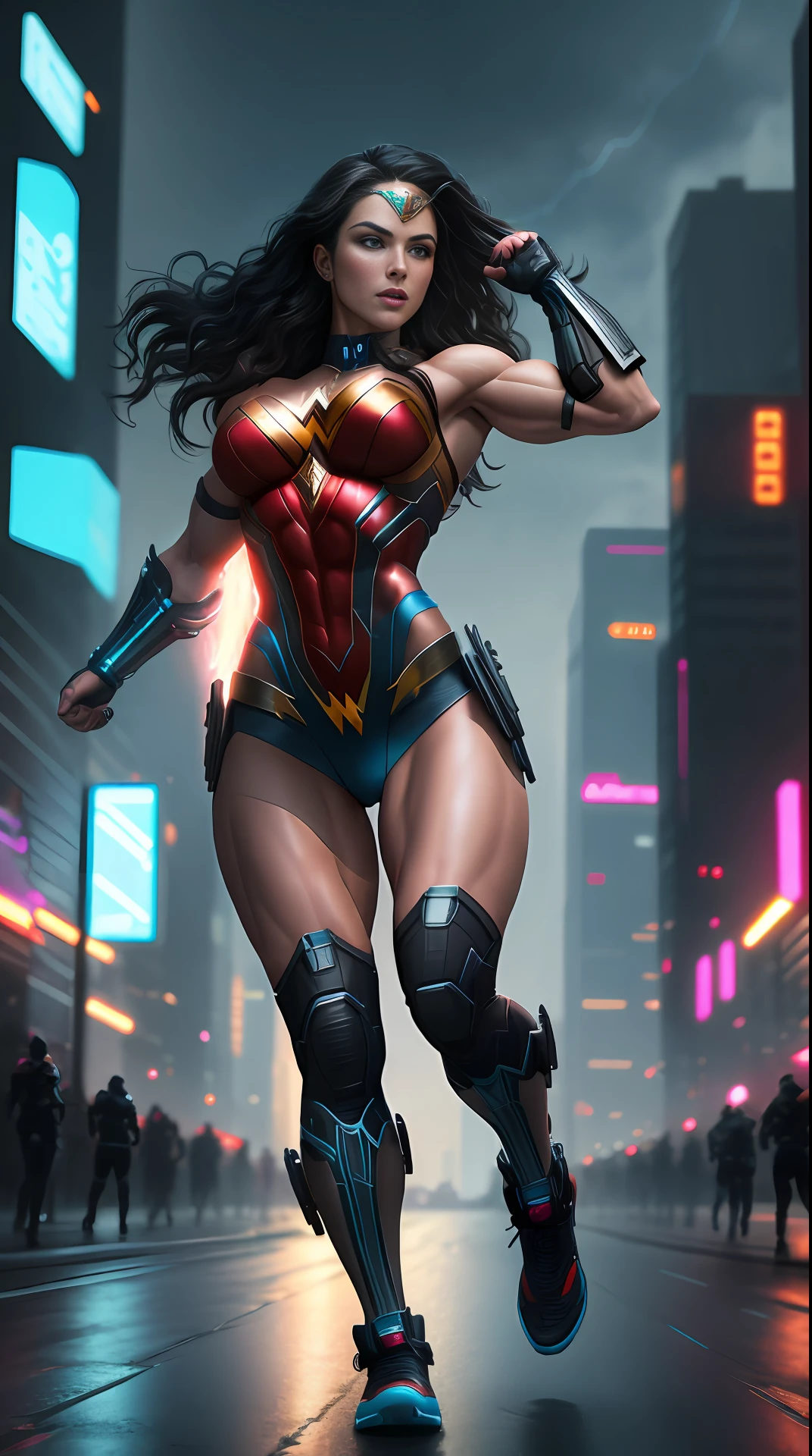 cyberpunk wonder woman, bodybuilder, running, in the background a city, lightning in the sky, ultra details, ultra realistic, cinematic , octane render, 16k