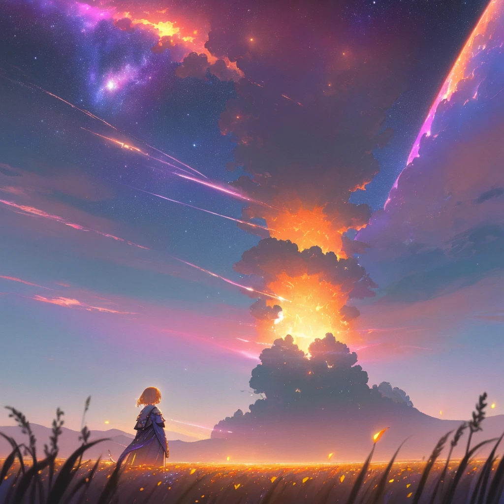 expansive landscape photograph , (a view from below that shows sky above and open field below), a girl standing on flower field looking up, (full moon:1.2), ( shooting stars:0.9), (nebula:1.3), distant mountain, tree BREAK
production art, (warm light source:1.2), (Firefly:1.2), lamp, lot of purple and orange, intricate details, volumetric lighting, realism BREAK
(masterpiece:1.2), (best quality), 4k, ultra-detailed, (dynamic composition:1.4), highly detailed, colorful details,( iridescent colors:1.2), (glowing lighting, atmospheric lighting), dreamy, magical, (solo:1.2)