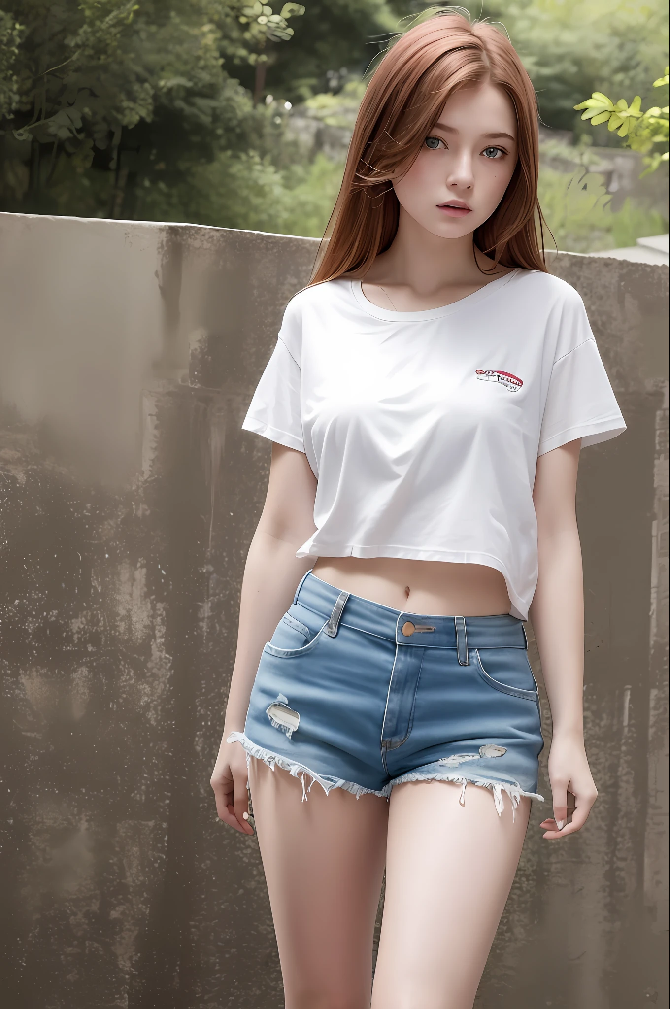 realistic, high resolution, high texture, young girl, redhead, french, blue eyes, small moles under the eyes, loose white shirt, sports shorts, ripped holes, private pool, thick thighs, walking, pale skin, cream skin, melancholy eyes