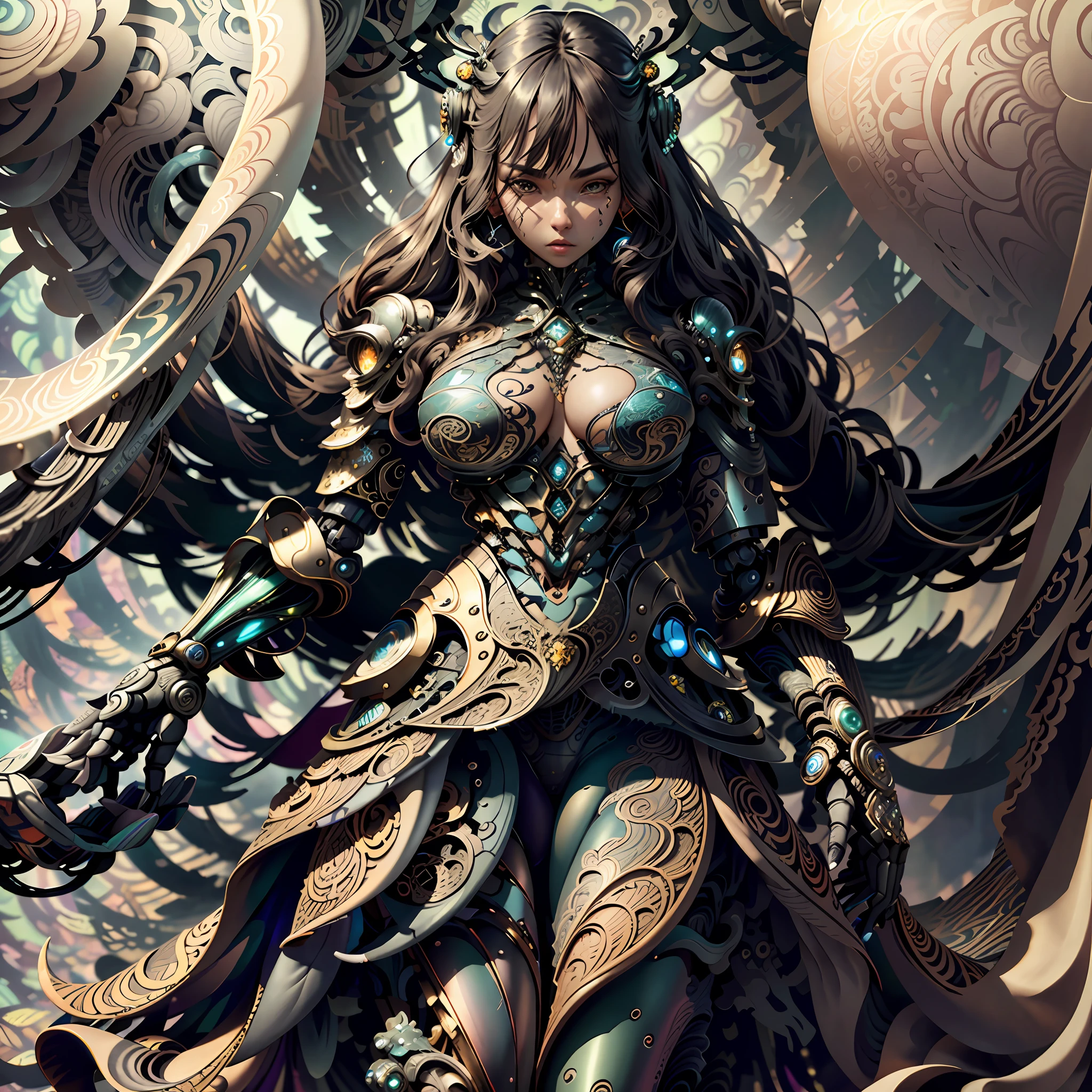 ((masterpiece:1.2, best quality, )), ultra detailed, Ultra-precise depiction, Ultra-detailed depiction, BREAK, long black hair, 1girl, wide hips, medium breast, (smooth skin, shiny skin), BREAK, (high-low skirt:1.2), BREAK, (zentangle, fractal art:1.2), (abstract background:1.5), multicolors, BREAK, cowboy shot, (dynamic pose), BREAK