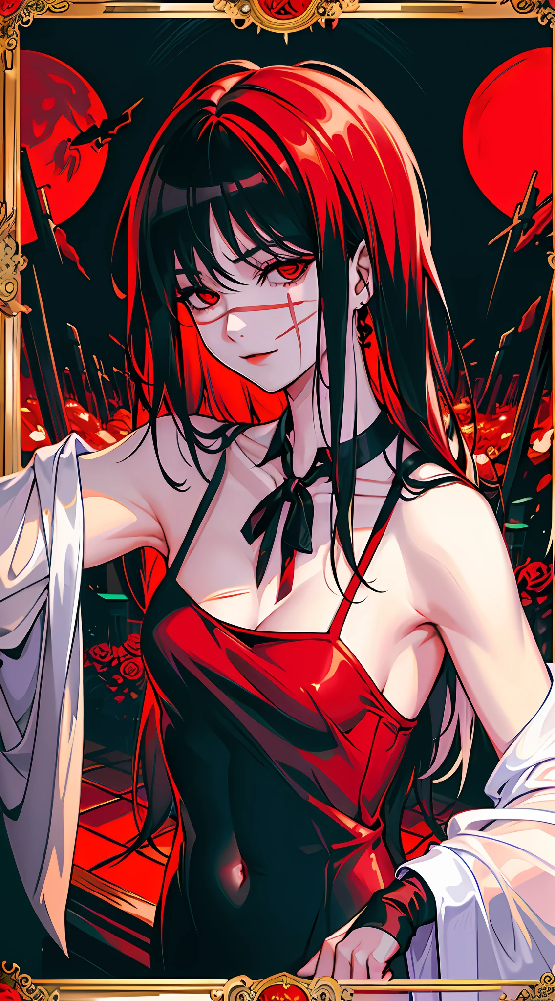 1girl, (chaotic ambient), dark, (devils), powerful, scar, armpits, dark hair, red eyes, dark power, ((red japanese photo frame)), dark flower, roses, dark roses, blood, bloodstain, serious expression, (red and black vibes), japanese style building, hell, ((dark atmosphere)), scary, spooky, raining blood, (dripping rain), beautiful girl, sexy, falling roses, fighting, devilish power, torn clothes, torned, (wry smile), 5 fingers, fixed hands, human hands, hot, garden of blood red flowers in the background, (many japanese ornament), (big blood-red moon), moonlight, garden of roses, (proportional body), bloody atmosphere, cleavage, (navel), seductive