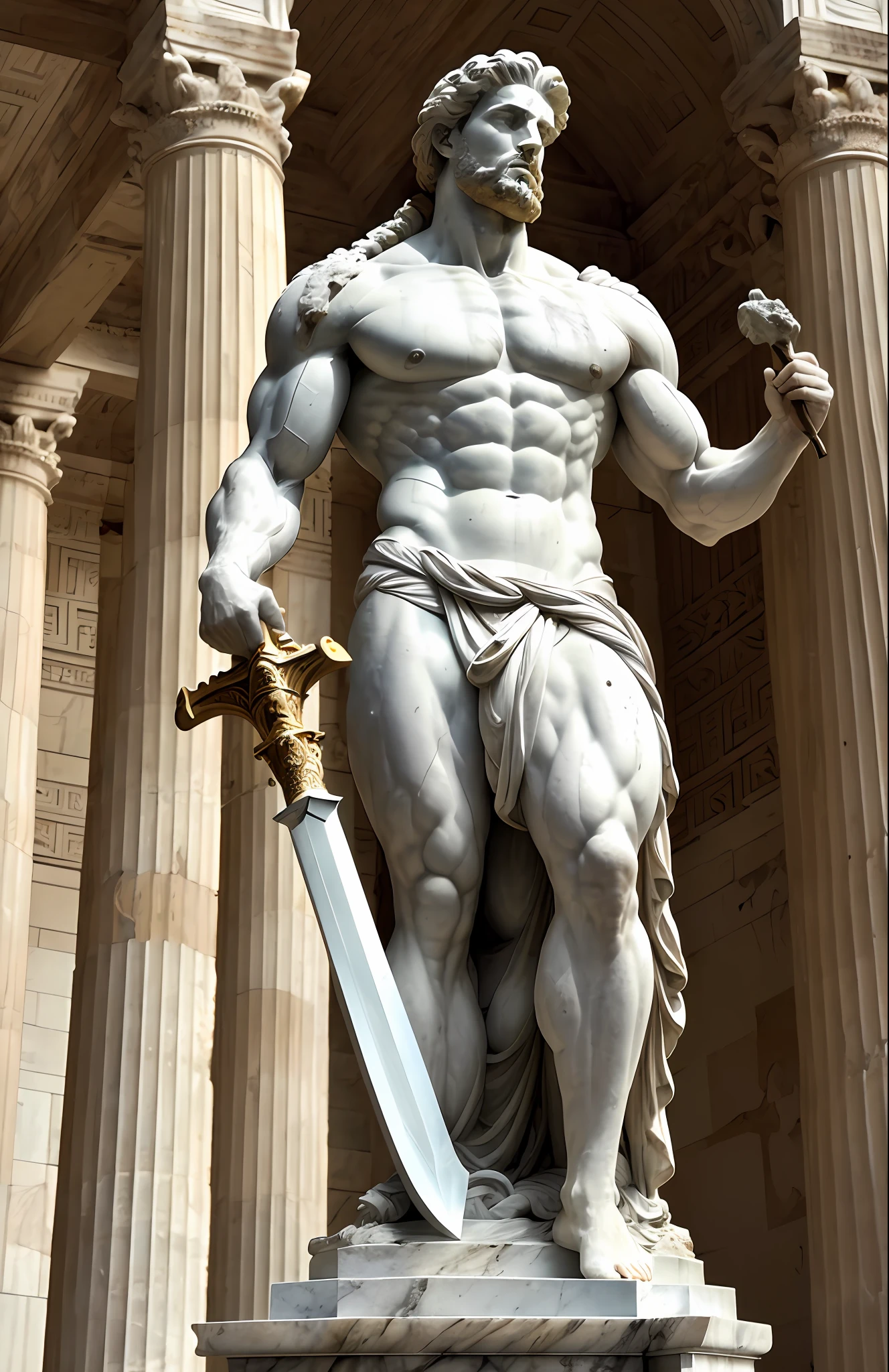 A hyper-realistic marble statue of a muscular handsome Greek male Angel, holding a marble sword rotting, very old, ancient dust, and his facial expressions betray deep sadness and overthinking. Against the background of Greek temples, petrified, ashes on the ground withered and rotting, the colors are muted and faded, to emphasize the seriousness of the scene.