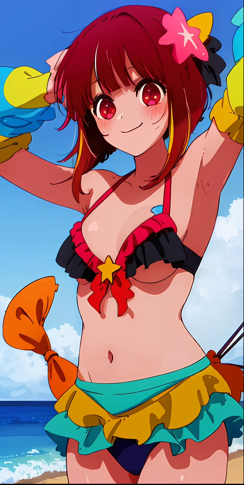 1girl, solo, star-shaped pupils in left eye, multicolored bikini, bangs,happy,posing, multicolored hair, beach background