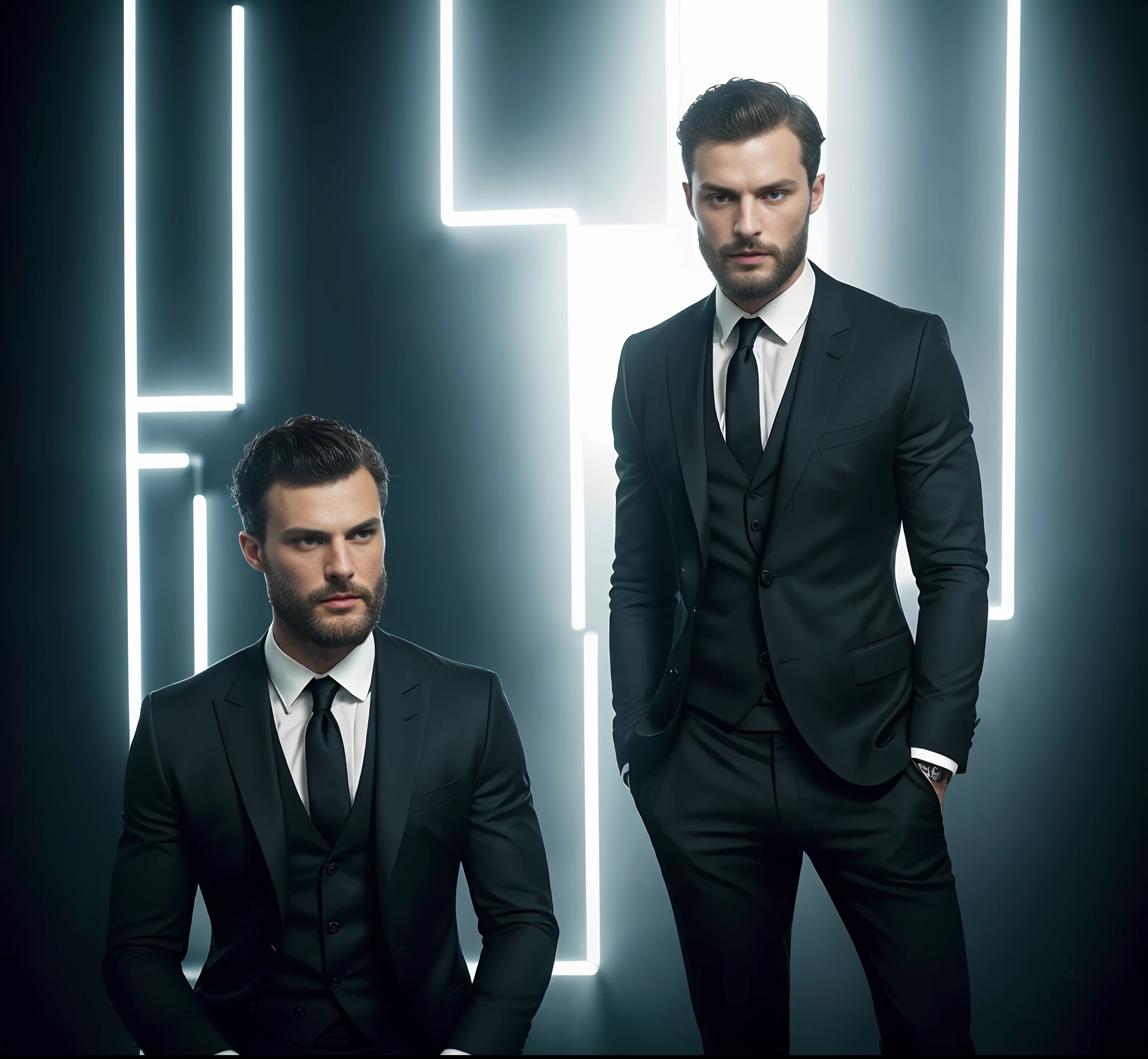 (Man wearing black suit without tie), ), (wearing beard,) attractive and serious look, short dark hair, stylish and elegant, shaved and strong body fitted in the suit, show body, man similar to actor jamie dornan, (high quality and realistic image), in the background of the dark black image and lights, cinematic style, ((Best quality, 8k, Masterpiece).