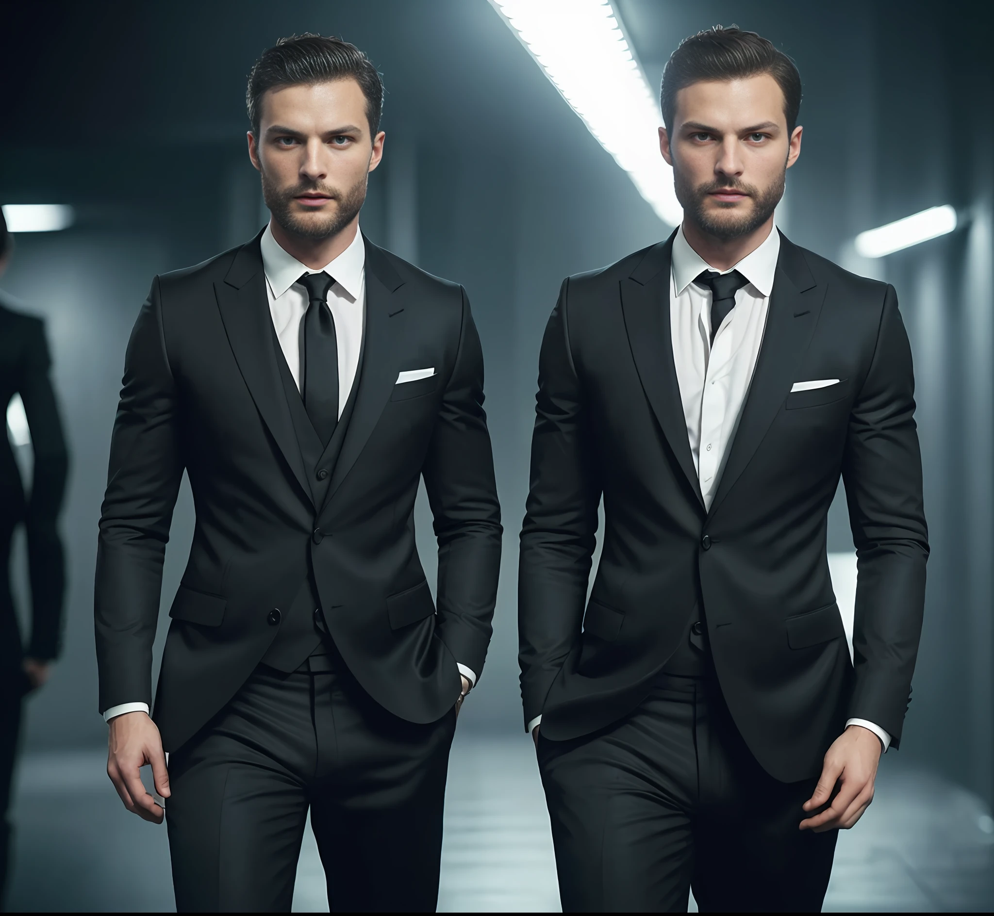 (Man wearing black suit without tie), ), (wearing beard,) attractive and serious look, short dark hair, stylish and elegant, shaved and strong body fitted in the suit, show body, man similar to actor jamie dornan, (high quality and realistic image), in the background of the dark black image and lights, cinematic style, ((Best quality, 8k, Masterpiece).