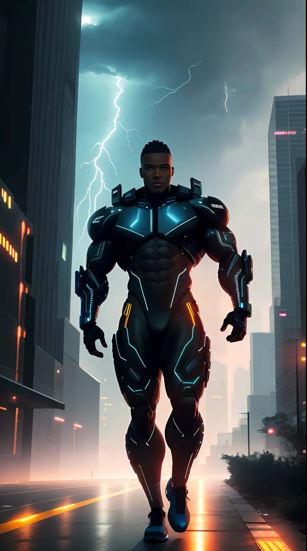 cyberpunk cyborg black skin, bodybuilder, running, in the background a city, lightning in the sky, ultra details, ultra realistic, cinematic , octane render, 16k