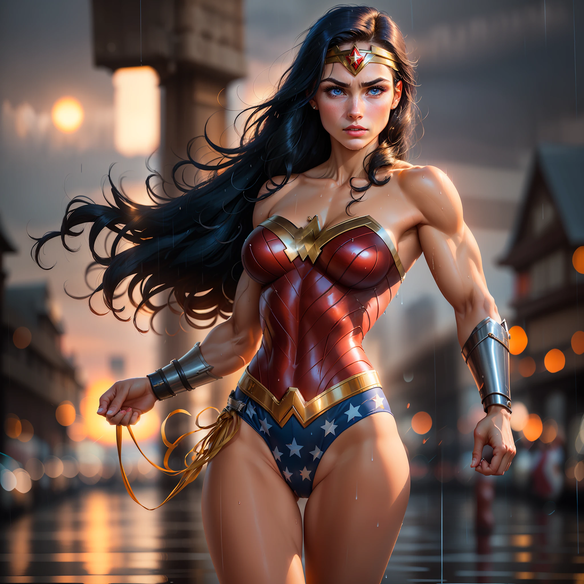 (aesthetic street photography), temperamental, cinematic, (photo of 1girl, superhero, wonder woman, leotard, red boots, tiara, bullet-deflecting cuffs, strong and realistic blue eyes, western black hair, lips, long hair, makeup, solo, (public clothing:1.3), natural skin texture, slightly sunburned skin tone, (muscles:1.2), ((strong and healthy body)), ((( (additional) muscles))), (big breasts:1.2), thin waist, (perfect big buttocks and wide hips:1.2), (detailed skin),  (Rainy Wet, Wet from Rain, Wet Body:1.2), Wet Hair, (Beautiful and Sexy Woman), (Swollen Lips:0.9), (Eyelashes:1.2), Extremely delicate muscle definition, Best proportions Four fingers and one thumb, top quality, realistic, realistic, (intricate detail:1.2), (delicate detail), (heroic pose), (urban environment), (sunset lighting), (depth of field), (film grain), (low saturation)