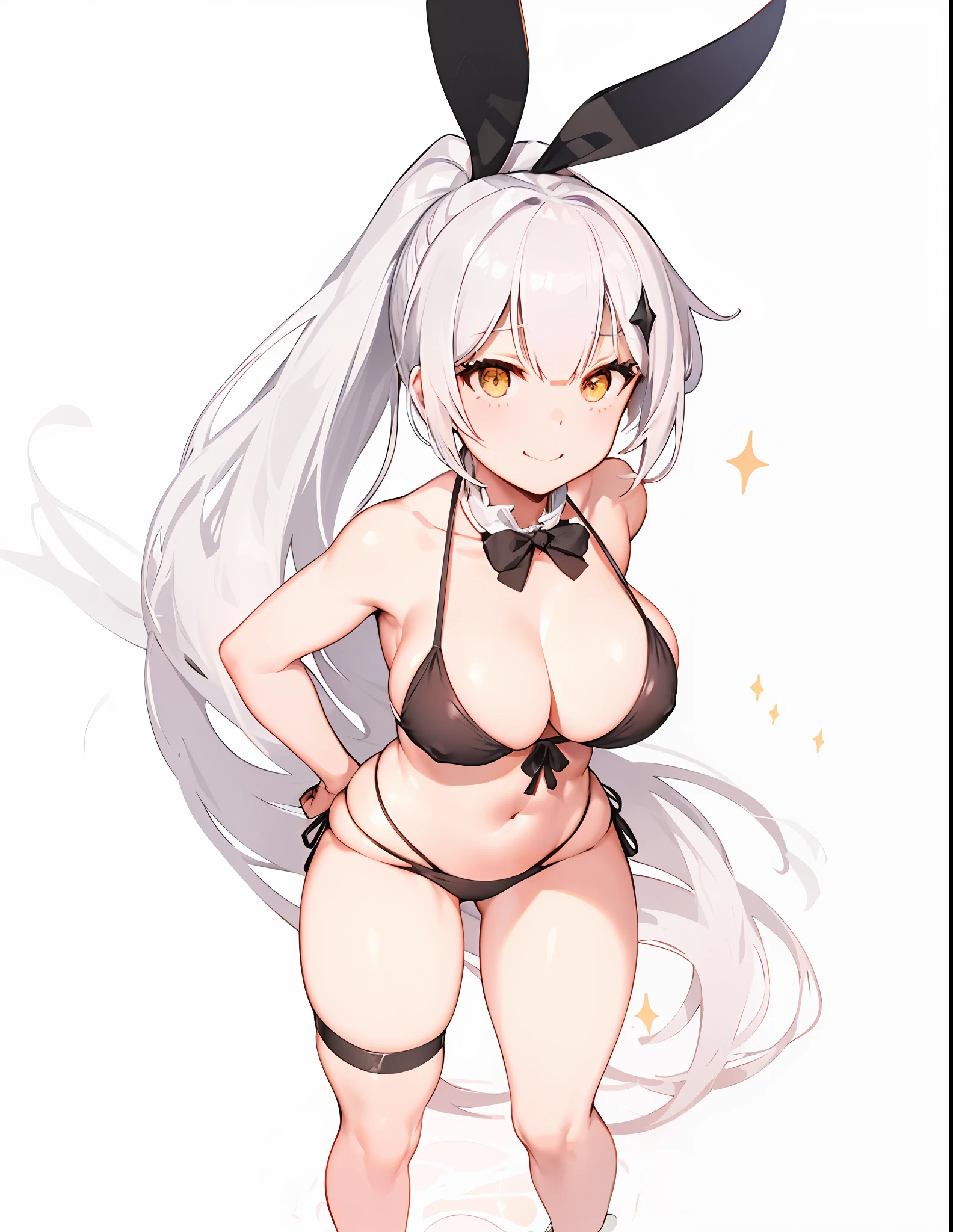 (masterpiece), (best quality), (ultra detailed), (best illustration), (best shadow), eye sparkle, reflection in eyes, beach background, (long ponytail), black bikini, silver hair, depth of field, sunbeam, big breasts, seductive smile, sharp eyes, sexy look