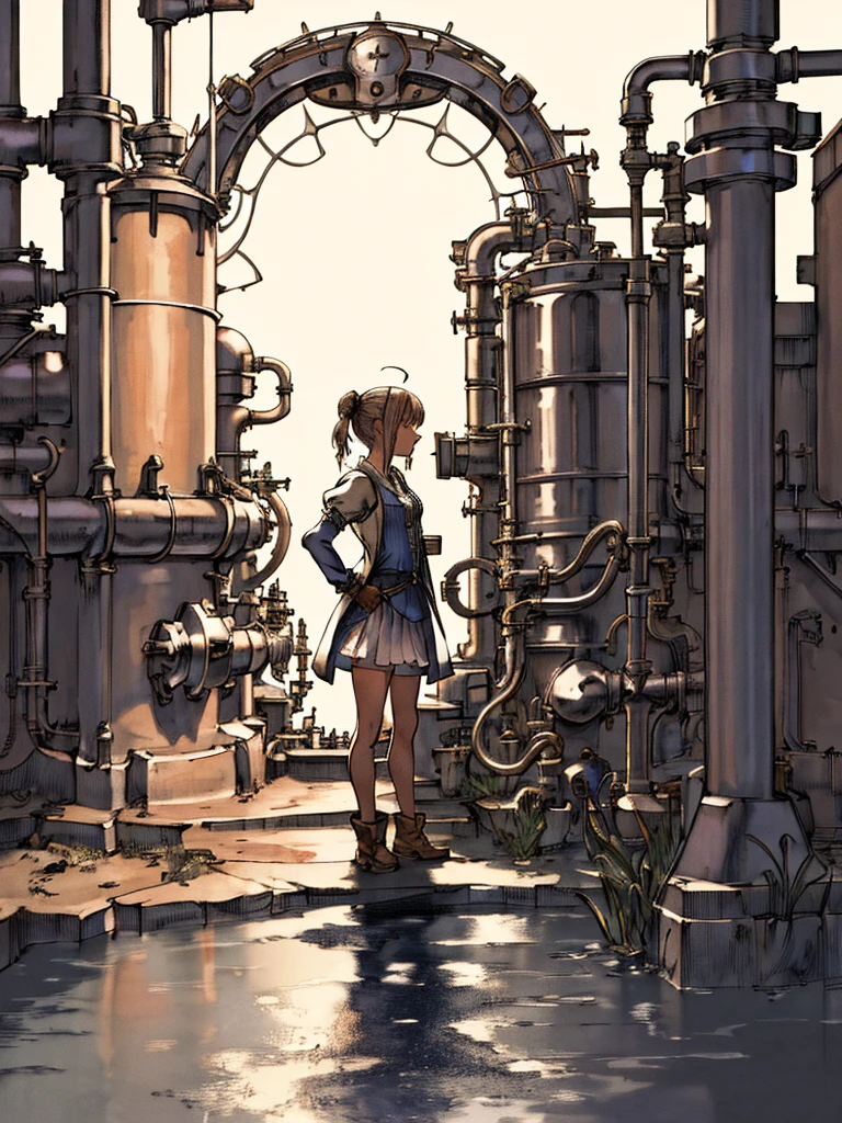 (a beautiful, detailed, delicate alchemist girl, standing before a highly detailed, high-resolution industrial background, exploring her alchemy factory with curiosity and admiration)