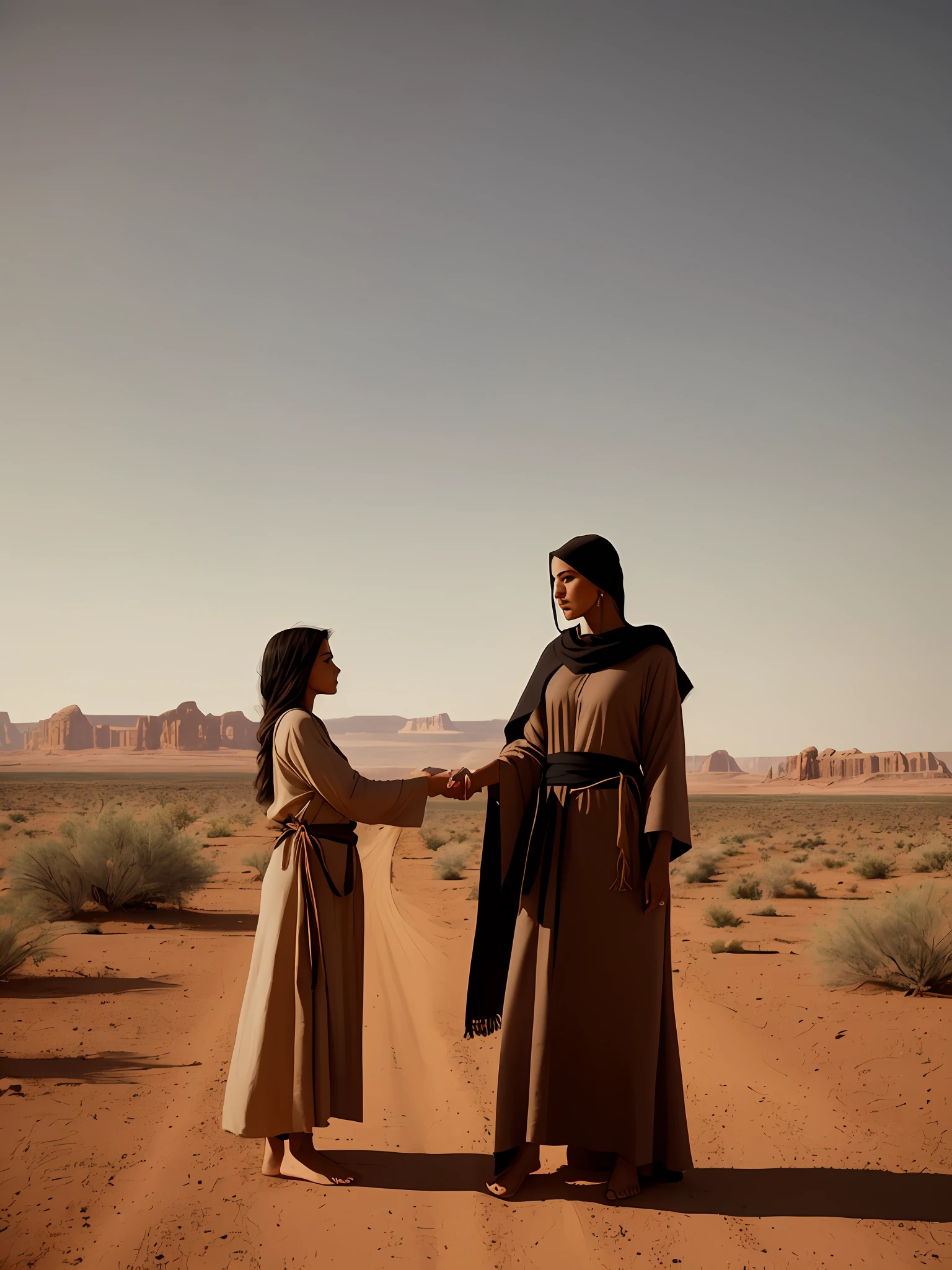 "The image shows a woman with a baby in her arms in a desert landscape, harkening back to the time of Moses. She wears a long, loose tunic made of coarse earthy fabric. The tunic is tied with a wide sash at the waist, emphasizing her delicate figure. Her dark hair is covered by a transparent veil. The woman is barefoot and is in a prayer posture, with her hands joined. The scene conveys humility and devotion, while the surrounding landscape highlights the aridity of the desert and the horizon shows silhouetted figures, possibly the Hebrews on their journey in search of the Promised Land." (cinematic)