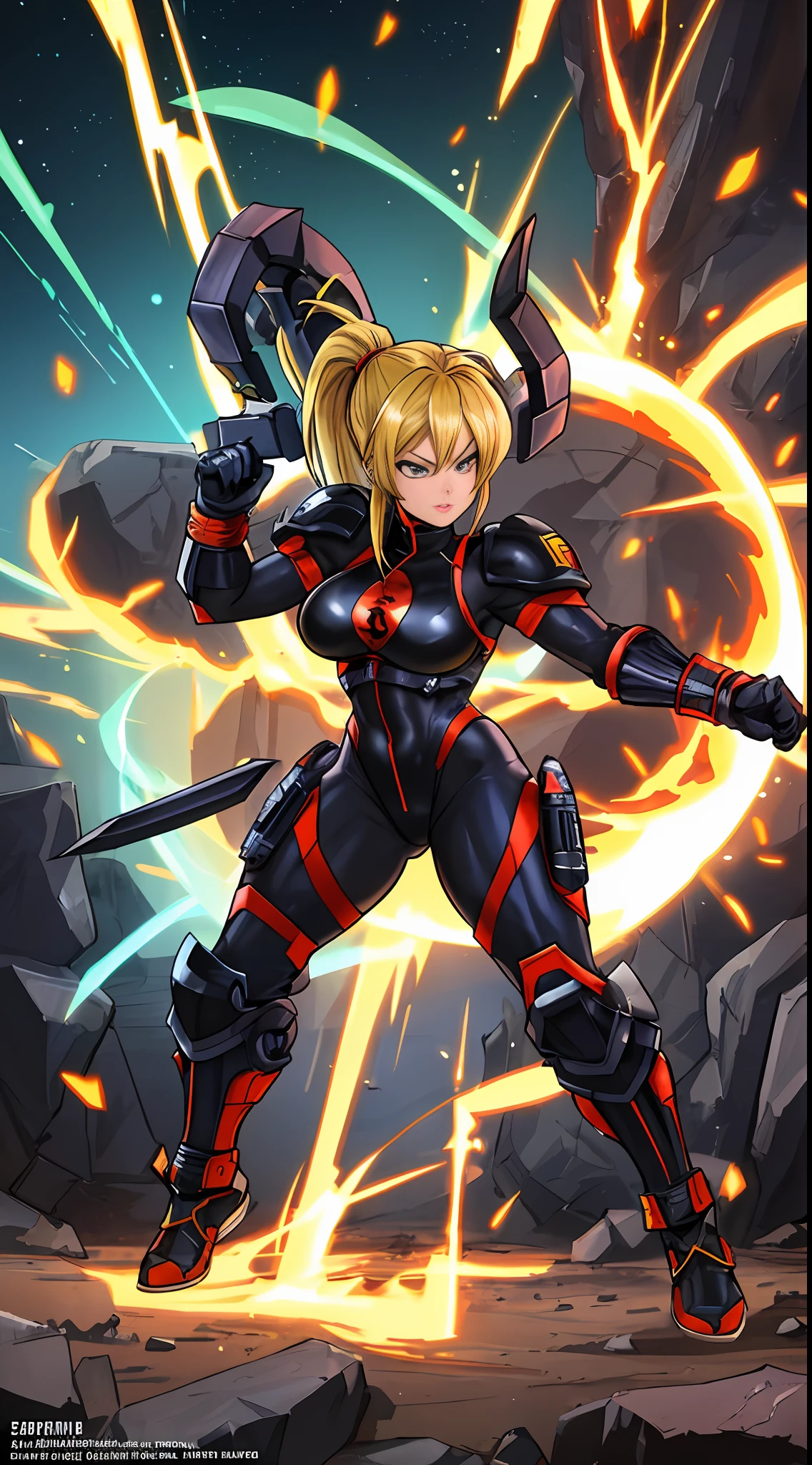 16k resolution image, Unreal Engine 5, Mortal Kombat style, Dragon Ball style, full body image of a woman doing hybrid Scorpion/Goku/Samus Aran cosplay, as a super saiyan, wearing an all-black futuristic Ninja outfit with yellow parts, with ninja mask on her face, looking at the viewer with angry eyes,  Holding ninja weapons, emanating aura of fire around the body furiously, on a battlefield of a bloodthirsty ancient time, with zombies trying to catch you.