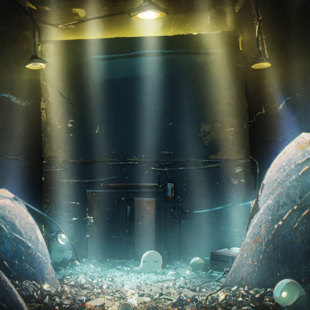 An eerie analogue horror scene featuring Squidward from SpongeBob SquarePants in a dark basement, surrounded by large, ominous blue orbs of light. To heighten the sense of terror, add a VHS screen effect.