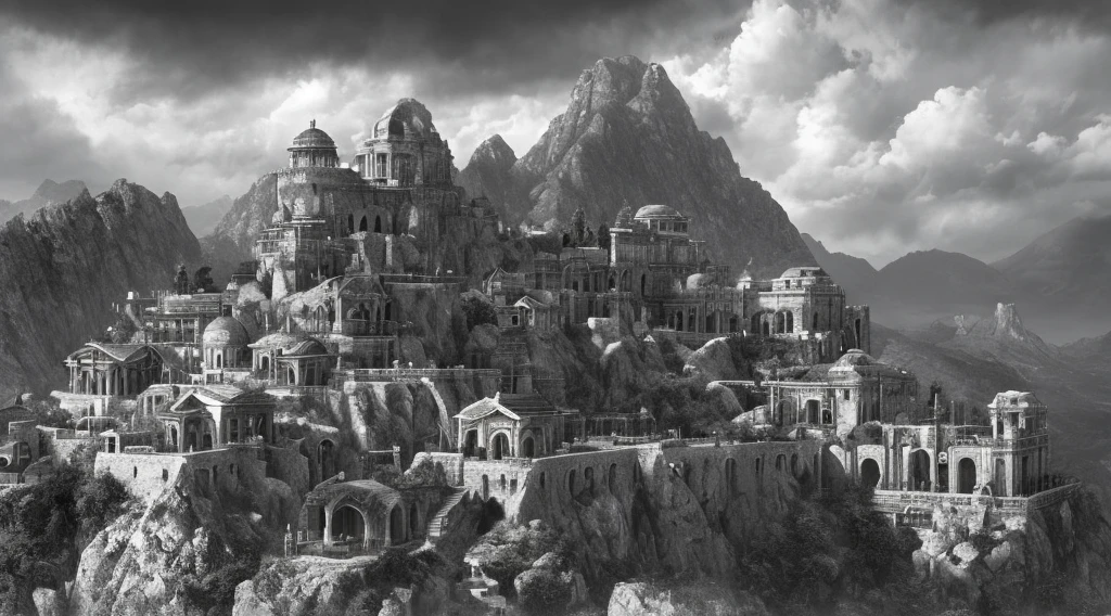 Kingdom built in a mountain, Greek like structures and architecture, radiant glow all over buildings, summit obscured in clouds, dark grey skies, Distant horizontal view, grandiose black and white rpg fantasy design art