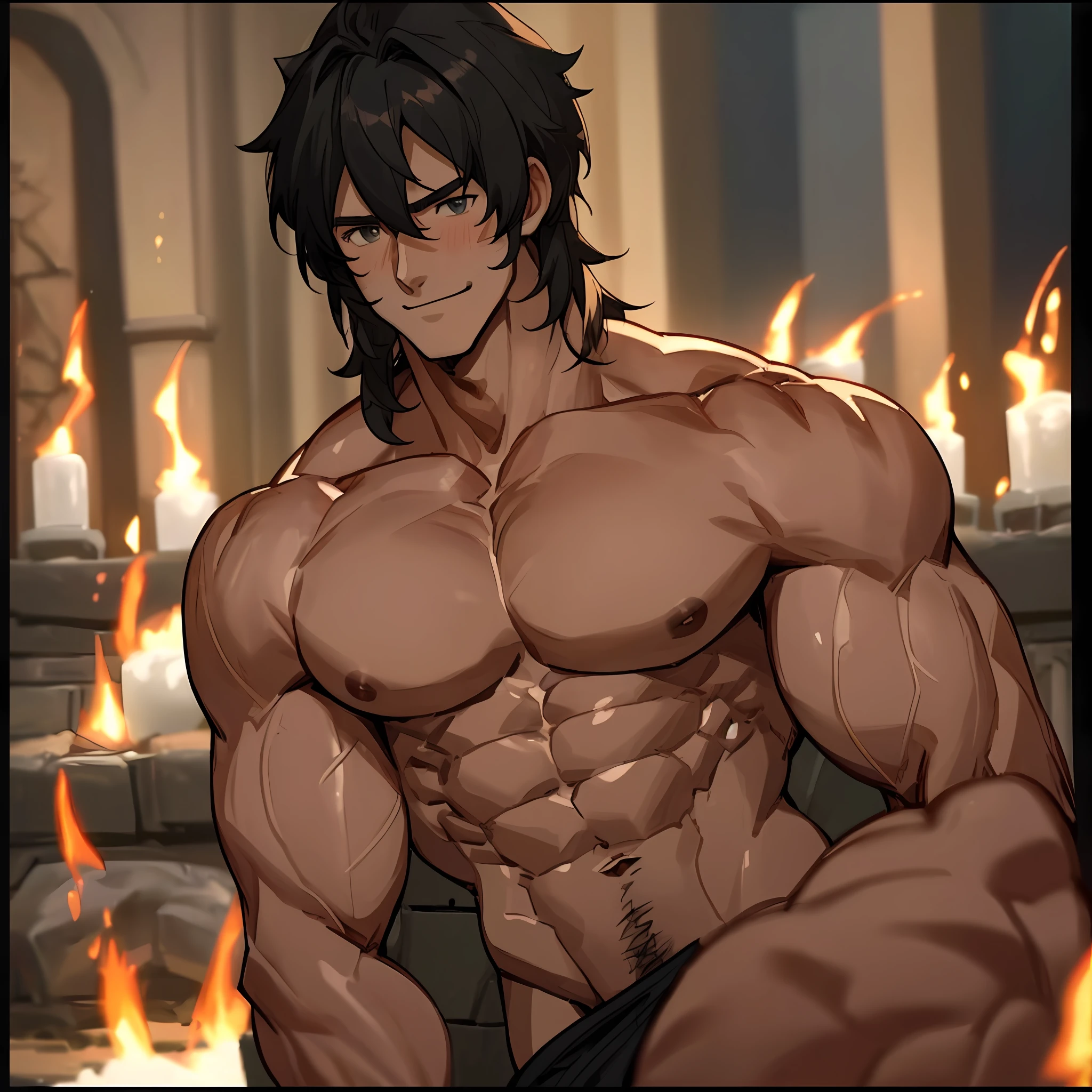 Sirius black as a muscular bodybuilder with 8 pack abs and big biceps and big pectoral muscles, laying next to a fire place, sexy, erotic, lgbt art, dilf, daddy, washboard abs, 8 pack abs, biceps, smile, sexy, erotic, big bulge, erection, huge, well endowed, big biceps, anime art, anime screenshot, anime screencap, anime face