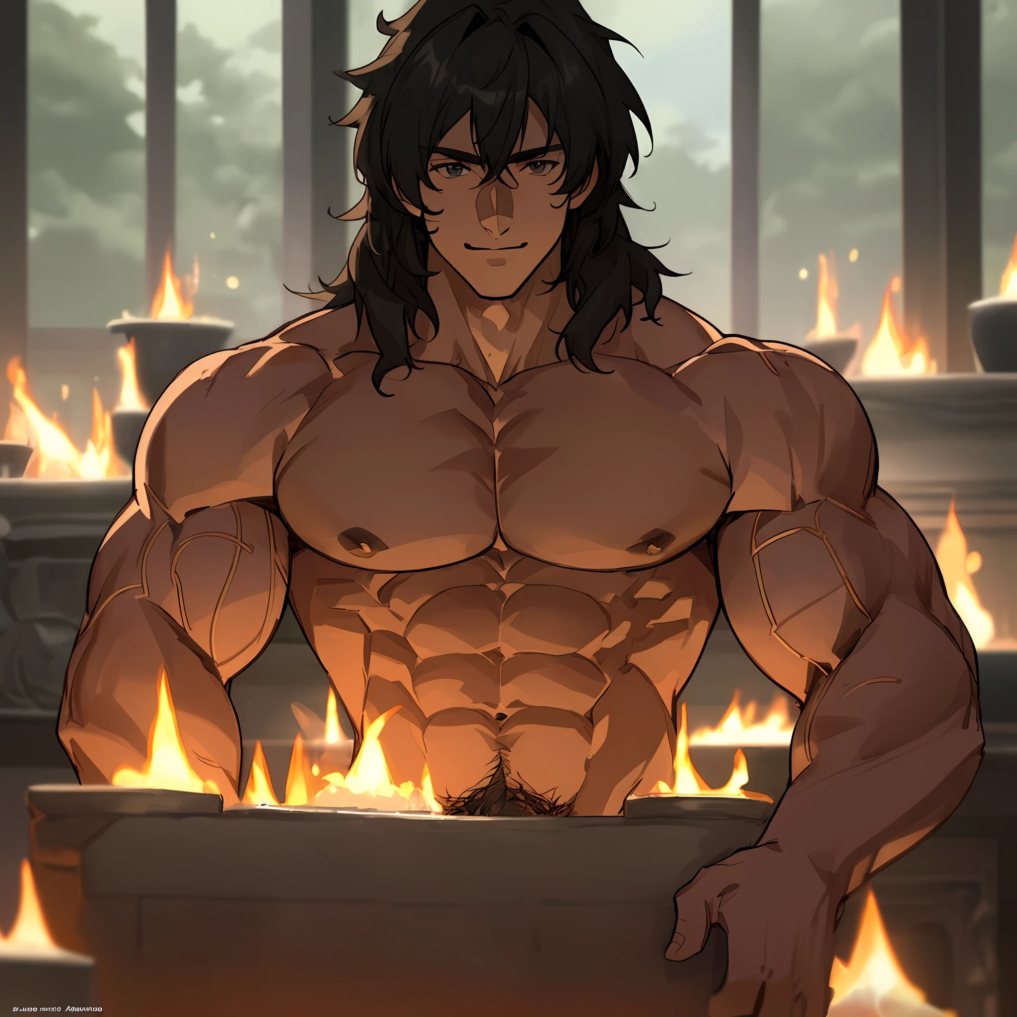 Sirius black as a muscular bodybuilder with 8 pack abs and big biceps and big pectoral muscles, laying next to a fire place, sexy, erotic, lgbt art, dilf, daddy, washboard abs, 8 pack abs, biceps, smile, sexy, erotic, big bulge, erection, huge, well endowed, big biceps, anime art, anime screenshot, anime screencap, anime face