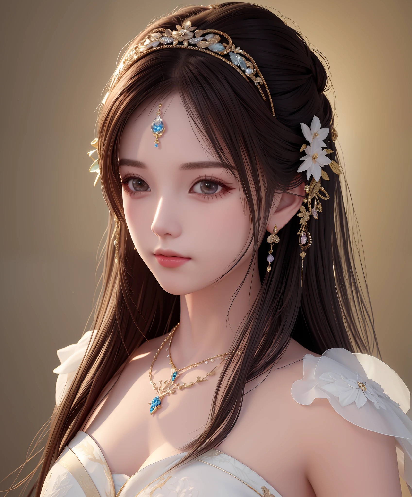 there is a woman with a tiable and a necklace on, a beautiful fantasy empress, 3 d render character art 8 k, 8k high quality detailed art, artwork in the style of guweiz, ((a beautiful fantasy empress)), beautiful and elegant elf queen, 8k portrait render, guweiz, trending on cgstation, 3 d anime realistic