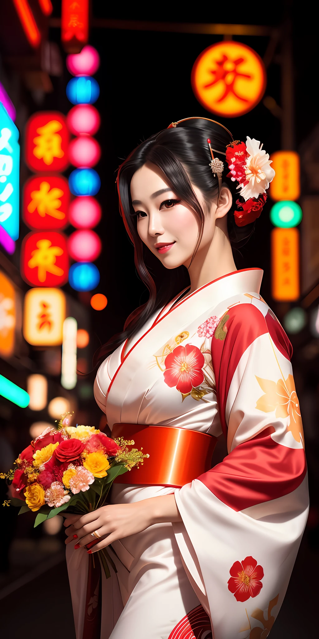 Beautiful young and sweet queen of cyberpunk geisha, woman, hot, sensual goddess, with flowing hair, hyper realistic, masterpiece, photorealistic, front, wearing short red and white kimono neckline with neon flowers drawn, holding a bouquet of bright neon flowers, wearing rings and bracelets with jewels, smiling and walking in cyberpunk Japan.