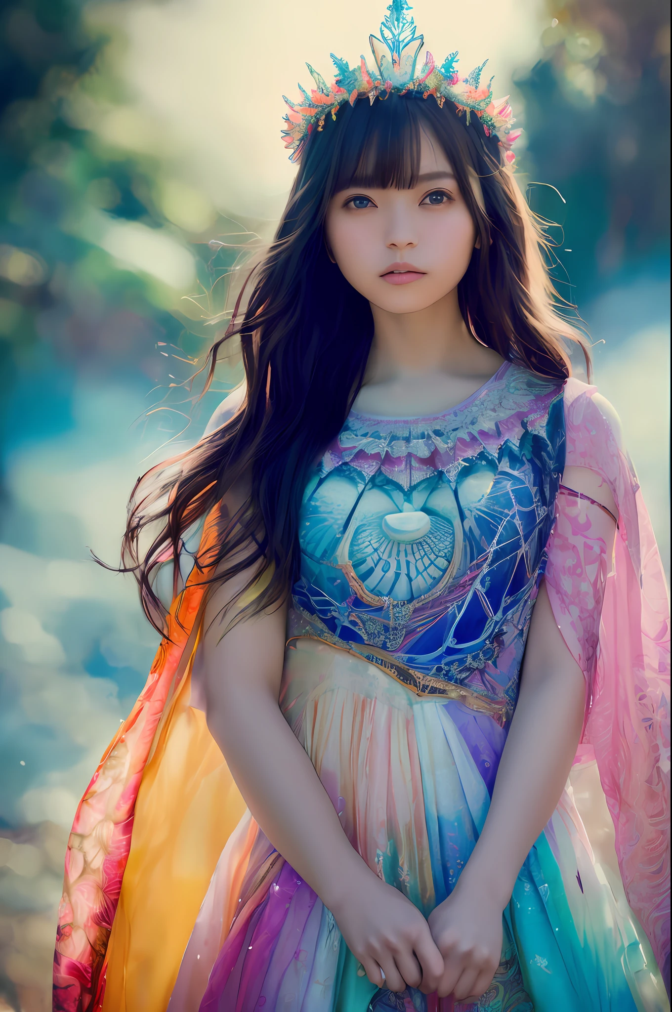(official art, beautiful and aesthetic:1.2), fractal art:1.3, (zentangle:1.2), (colorful), a photography, HD, photo, woman, beautiful dress ornate, style portrait of a gorgeous female in the style of stefan kostic, realistic, half body shot, sharp focus, 8 k high definition, insanely detailed, intricate, elegant, art by stanley lau and artgerm, abstract background:1.3, extreme blur flames background:1.3, Princess girl, Blue, Pastel, glitter, dramatic, dreamy, pastel, Watercolor, Whimsical, Delicate, seashell crown, Trending on Artstation, Highly detailed, Intricate, Portrait, digital painting, Fantasy theme, Fantasy robes, Fantasy concept art, Fantasy character art, Smug, Teenage girl, perfect body, full body, dreamy, pastel, Watercolor, Whimsical, Delicate, seashell crown masterpiece, 8k, perfect lighting, adult, female, cowboy shot, looking at viewer, cinematic lighting, Fawn, art by guillermo del toro, (photographed on a Canon EOS R8, 50mm, F1.2, (3/4 body:1.2), dramatic, vibrant)
