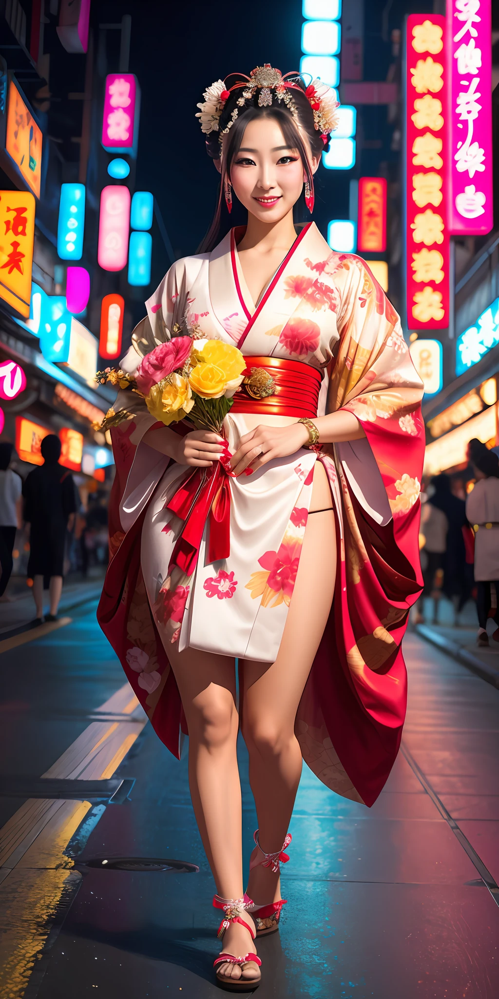 Beautiful young and sweet queen of cyberpunk geisha, woman, hot, sensual goddess, with flowing hair, hyper realistic, masterpiece, photorealistic, front, wearing short red and white kimono neckline with neon flowers drawn, holding a bouquet of bright neon flowers, wearing rings and bracelets with jewels, smiling and walking in cyberpunk Japan.