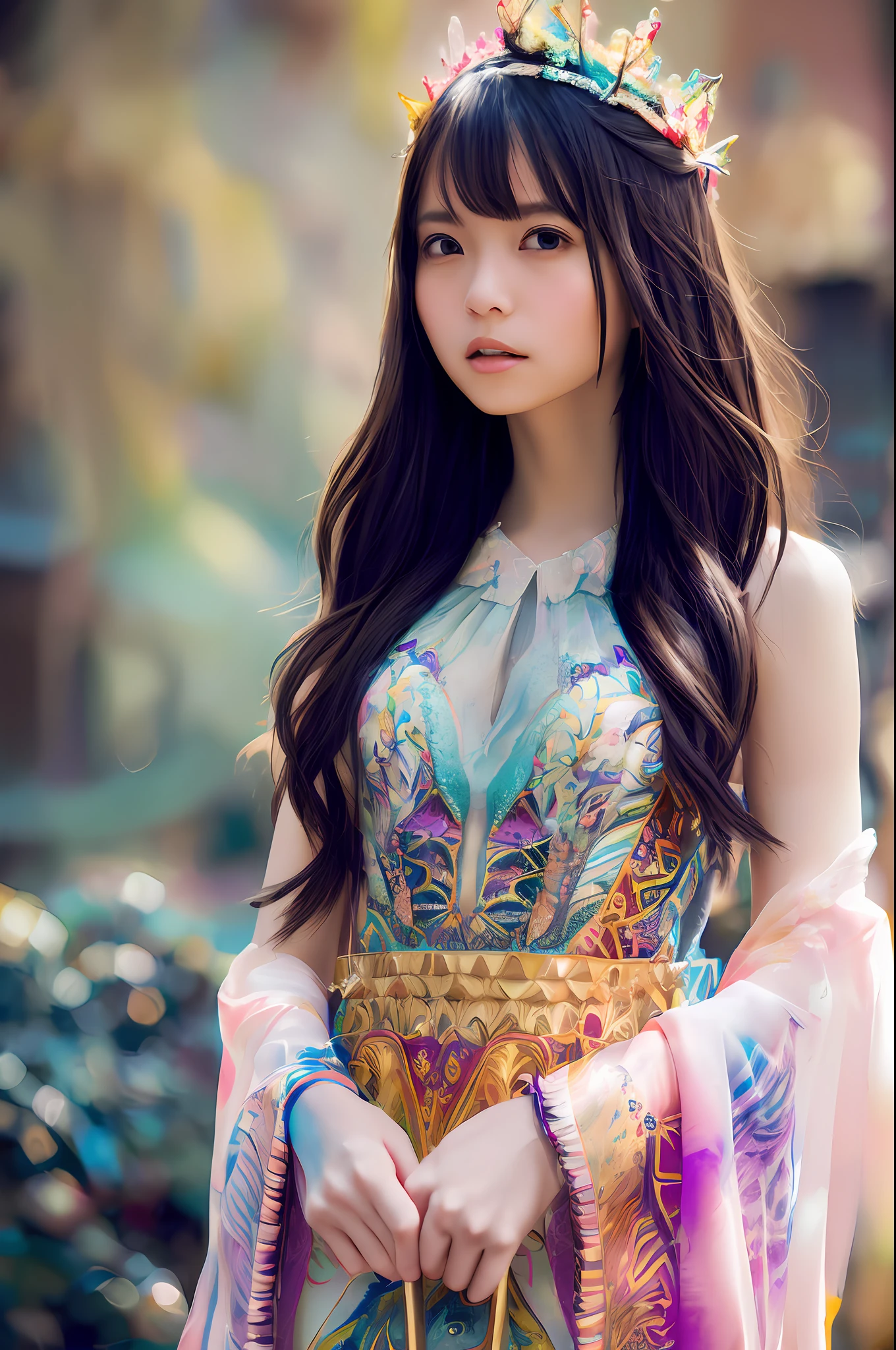 (official art, beautiful and aesthetic:1.2), fractal art:1.3, (zentangle:1.2), (colorful), a photography, HD, photo, woman, beautiful dress ornate, style portrait of a gorgeous female in the style of stefan kostic, realistic, half body shot, sharp focus, 8 k high definition, insanely detailed, intricate, elegant, art by stanley lau and artgerm, abstract background:1.3, extreme blur flames background:1.3, Princess girl, Blue, Pastel, glitter, dramatic, dreamy, pastel, Watercolor, Whimsical, Delicate, seashell crown, Trending on Artstation, Highly detailed, Intricate, Portrait, digital painting, Fantasy theme, Fantasy robes, Fantasy concept art, Fantasy character art, Smug, age girl, perfect body, full body, dreamy, pastel, Watercolor, Whimsical, Delicate, seashell crown masterpiece, 8k, perfect lighting, adult, female, cowboy shot, looking at viewer, cinematic lighting, Fawn, art by guillermo del toro, (photographed on a Canon EOS R8, 50mm, F1.2, (3/4 body:1.2), dramatic, vibrant)